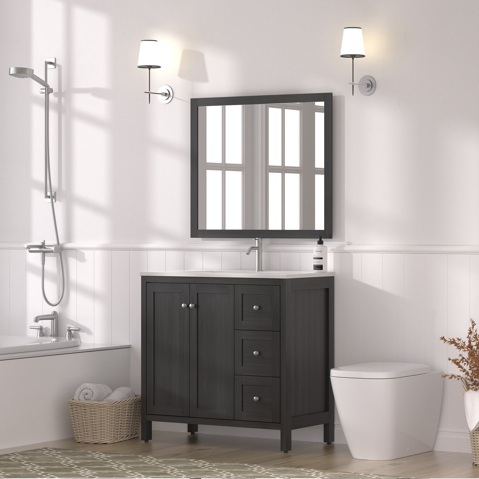 35.5" Freestanding Bathroom Vanity with Basin, 3 Drawers, Matte Black