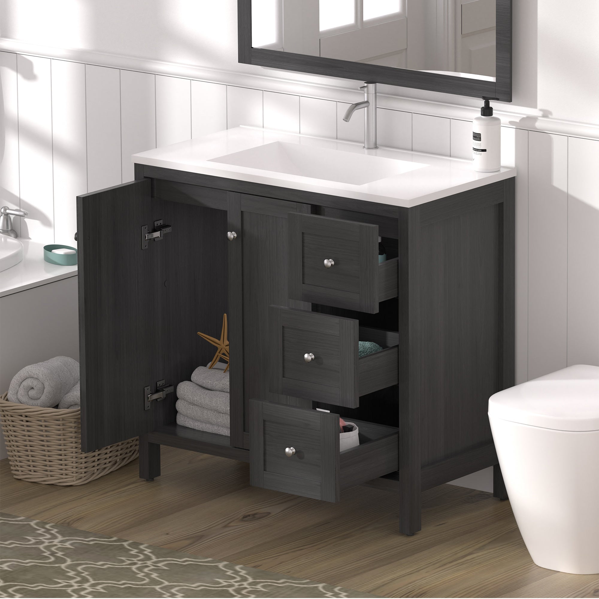35.5" Freestanding Bathroom Vanity with Basin, 3 Drawers, Matte Black