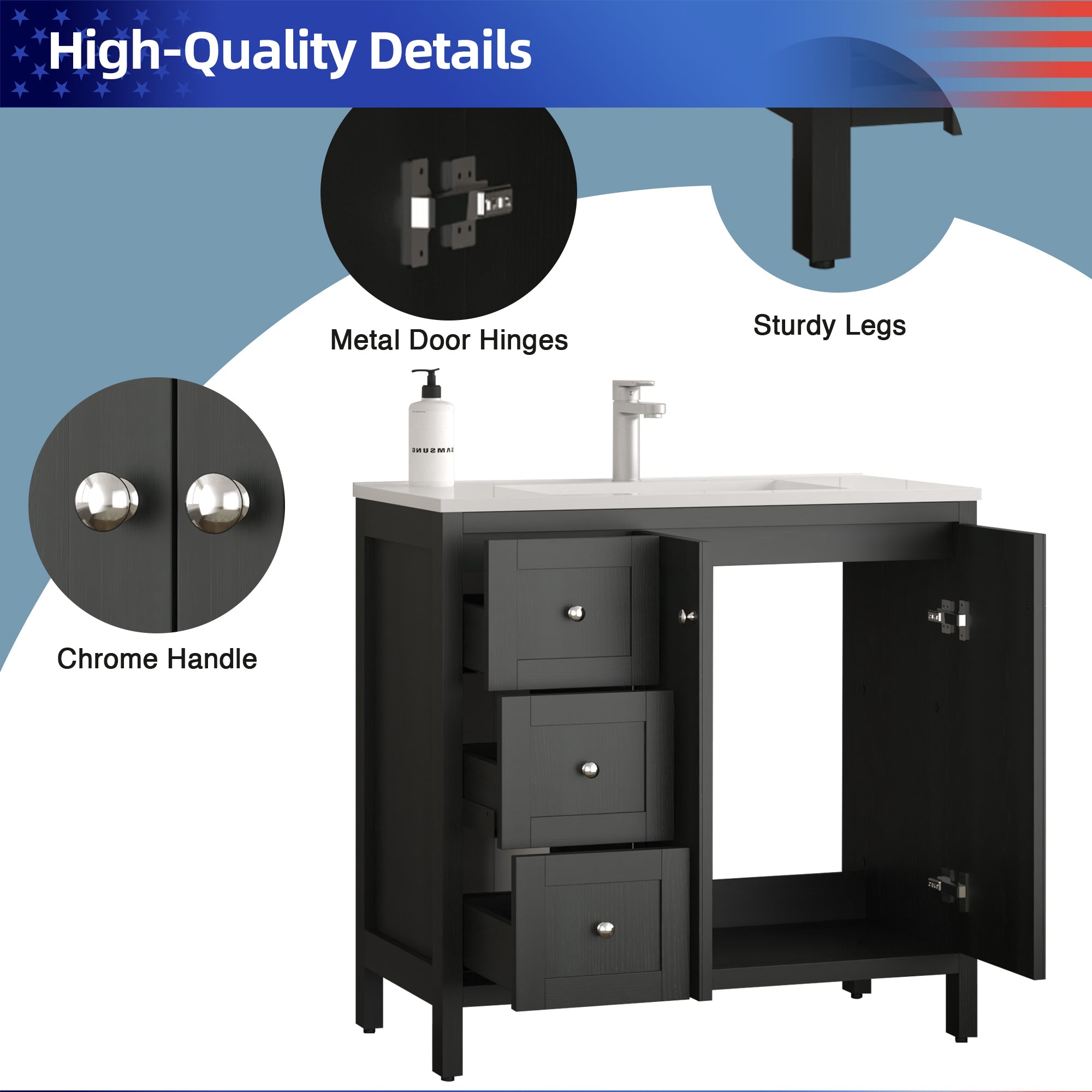 35.5" Freestanding Bathroom Vanity with Basin, 3 Drawers, Matte Black