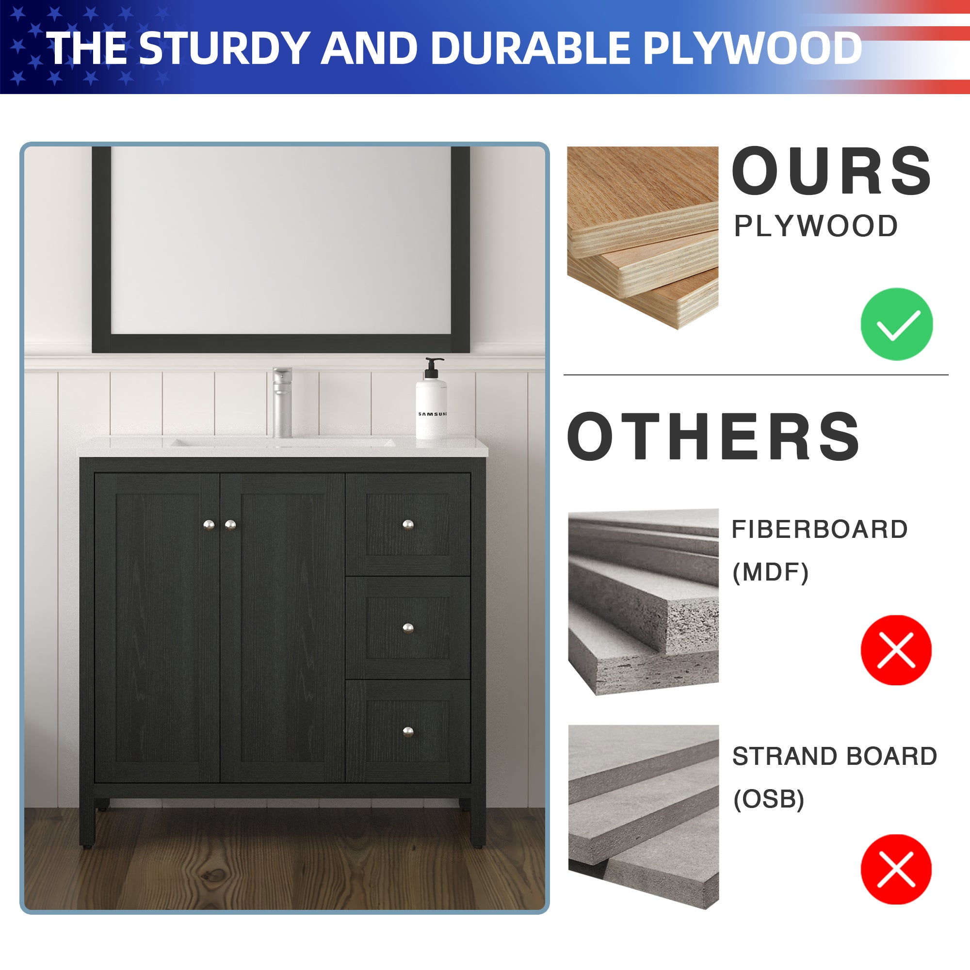 35.5" Freestanding Bathroom Vanity with Basin, 3 Drawers, Matte Black