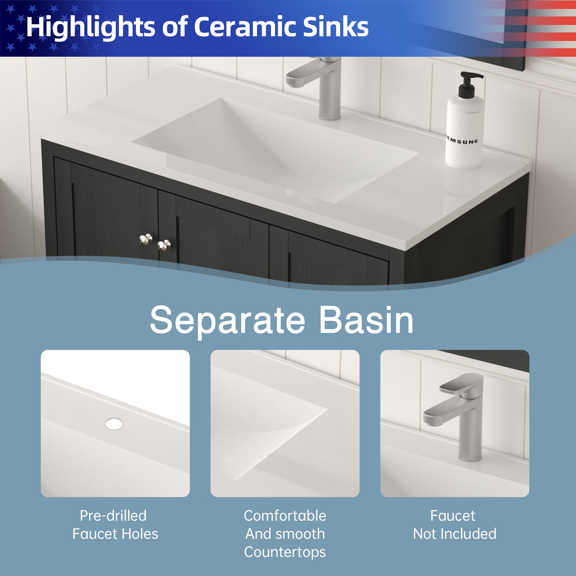 35.5" Freestanding Bathroom Vanity with Basin, 3 Drawers, Matte Black