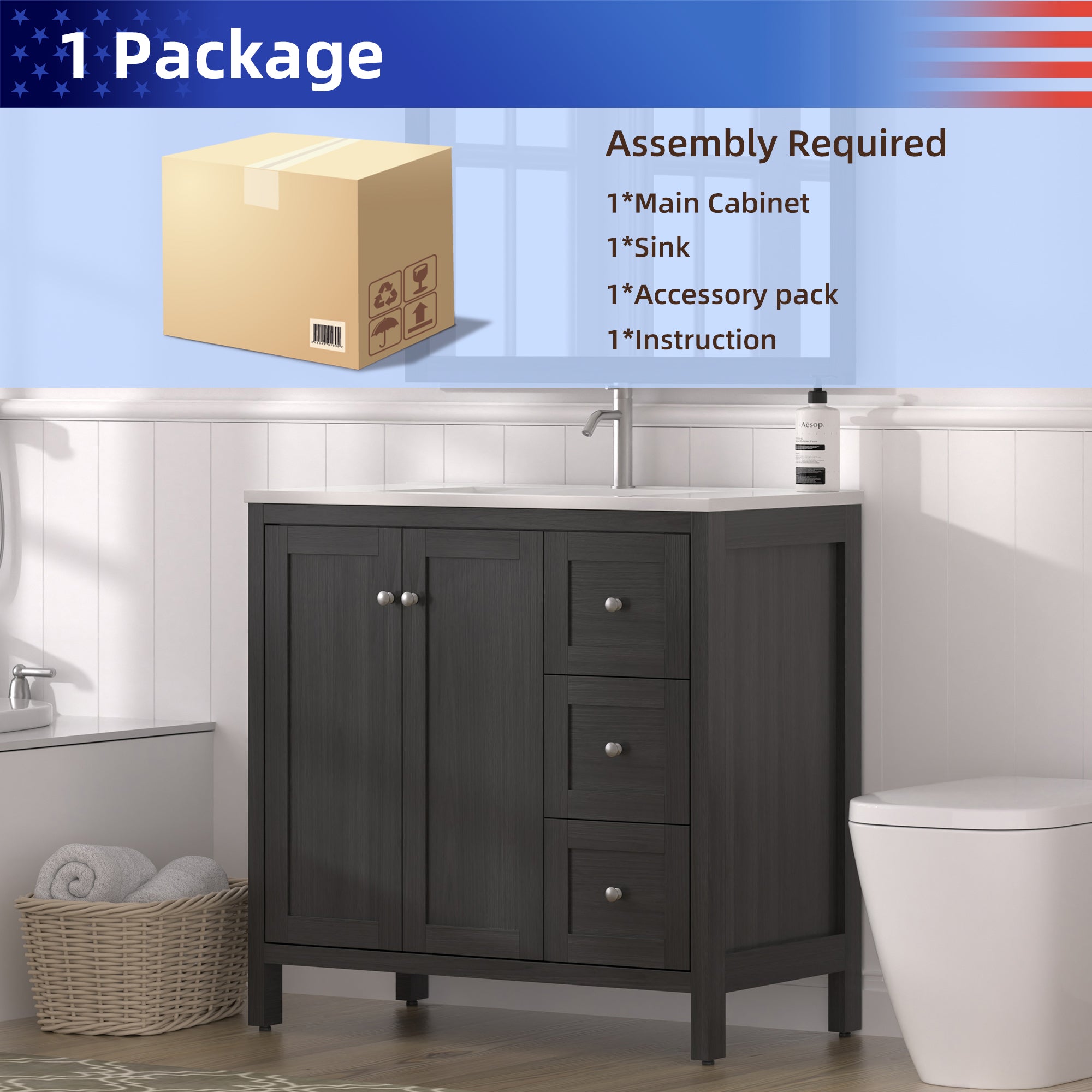 35.5" Freestanding Bathroom Vanity with Basin, 3 Drawers, Matte Black