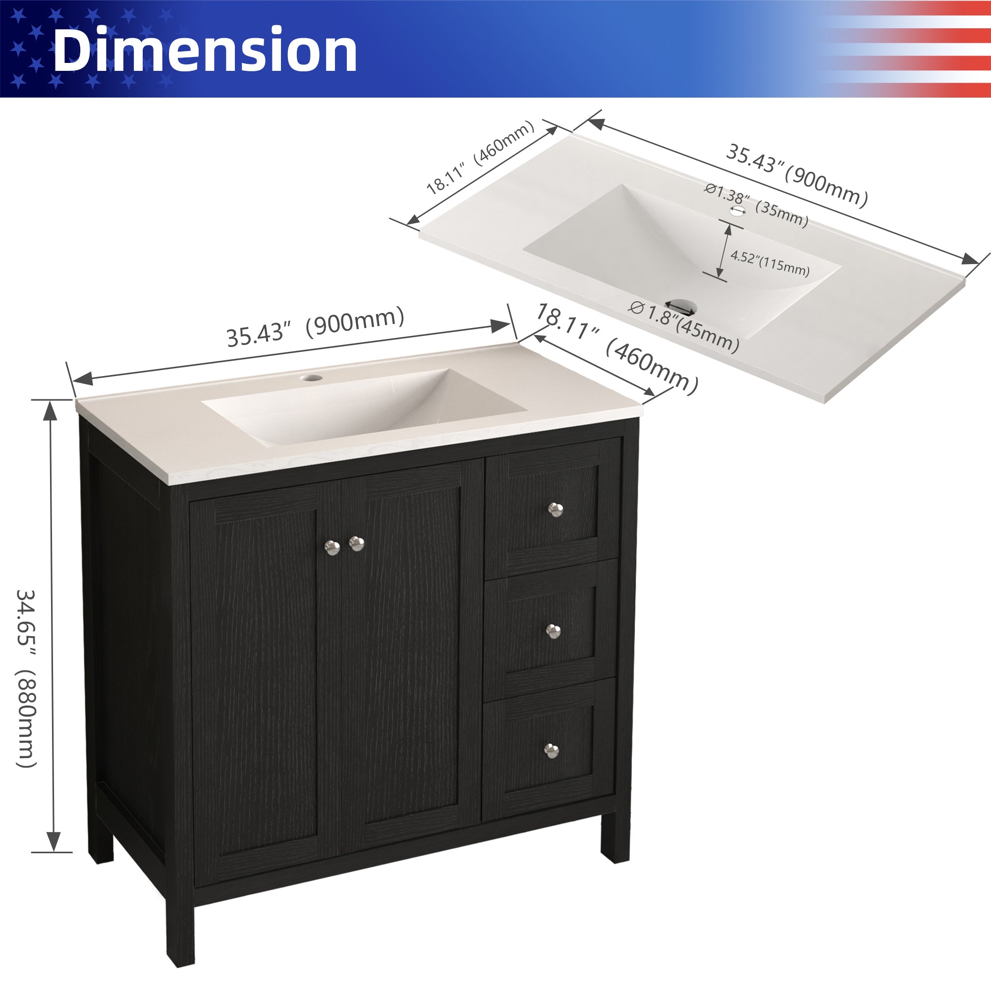 35.5" Freestanding Bathroom Vanity with Basin, 3 Drawers, Matte Black