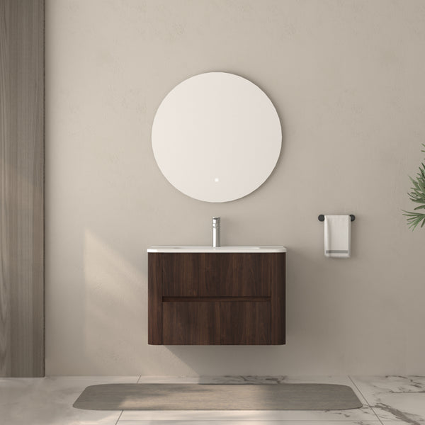 30" Wall Mounted Bathroom Vanity with Sink Floating Vanity Two Drawers Dark Walnut Bathroom Cabinet with White Ceramic Integrated Sink RX-V12-30AW