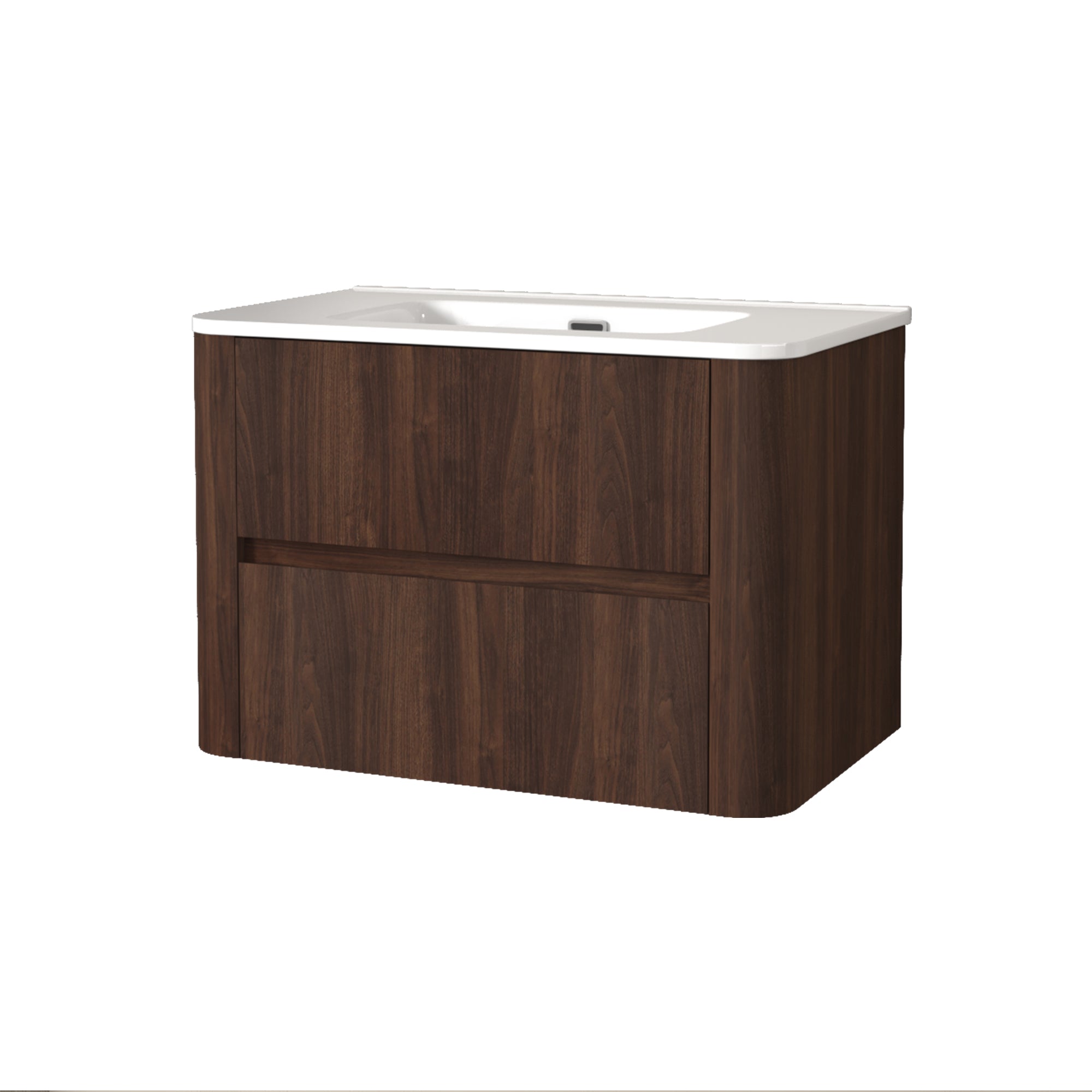 30" Wall Mounted Bathroom Vanity with Sink Floating Vanity Two Drawers Dark Walnut Bathroom Cabinet with White Ceramic Integrated Sink RX-V12-30AW