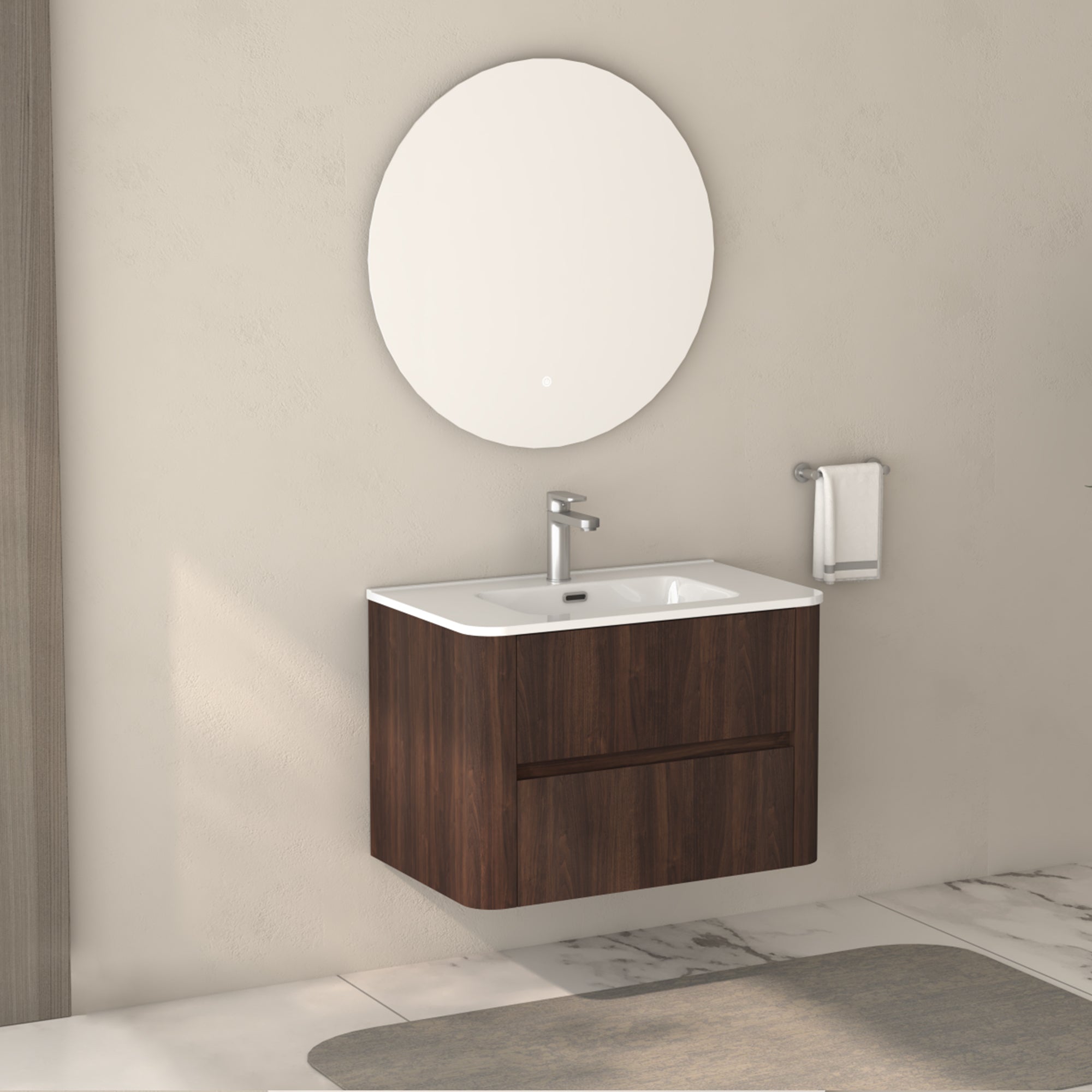 30" Wall Mounted Bathroom Vanity with Sink Floating Vanity Two Drawers Dark Walnut Bathroom Cabinet with White Ceramic Integrated Sink RX-V12-30AW
