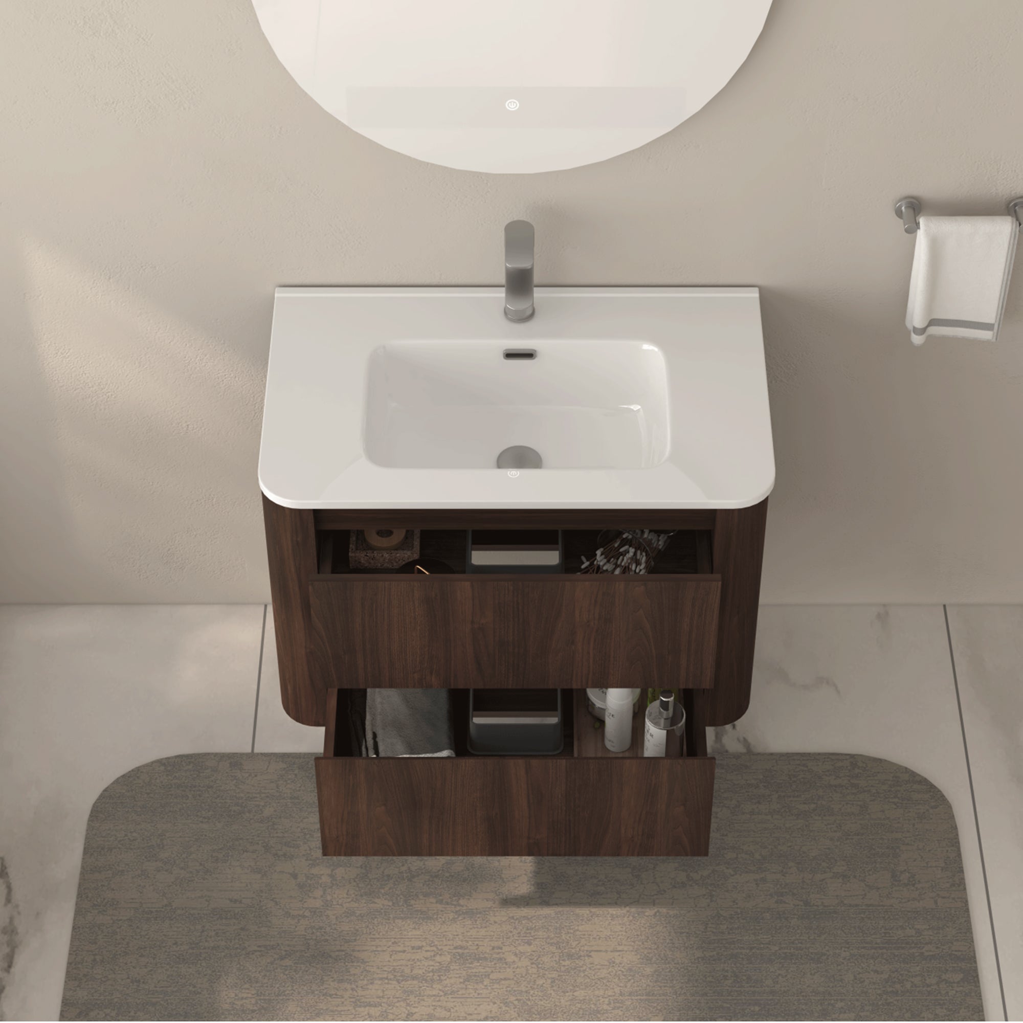30" Wall Mounted Bathroom Vanity with Sink Floating Vanity Two Drawers Dark Walnut Bathroom Cabinet with White Ceramic Integrated Sink RX-V12-30AW