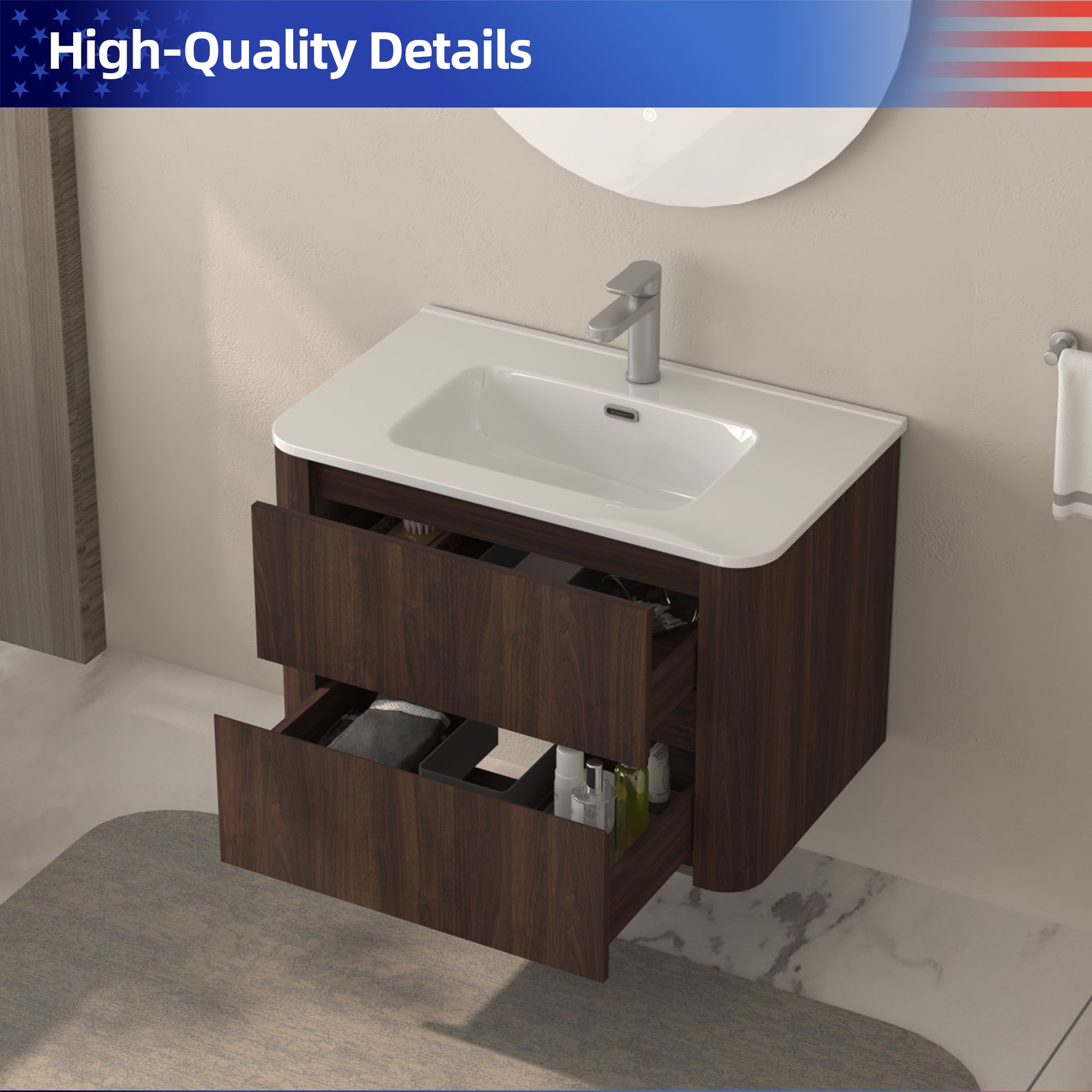 30" Wall Mounted Bathroom Vanity with Sink Floating Vanity Two Drawers Dark Walnut Bathroom Cabinet with White Ceramic Integrated Sink RX-V12-30AW