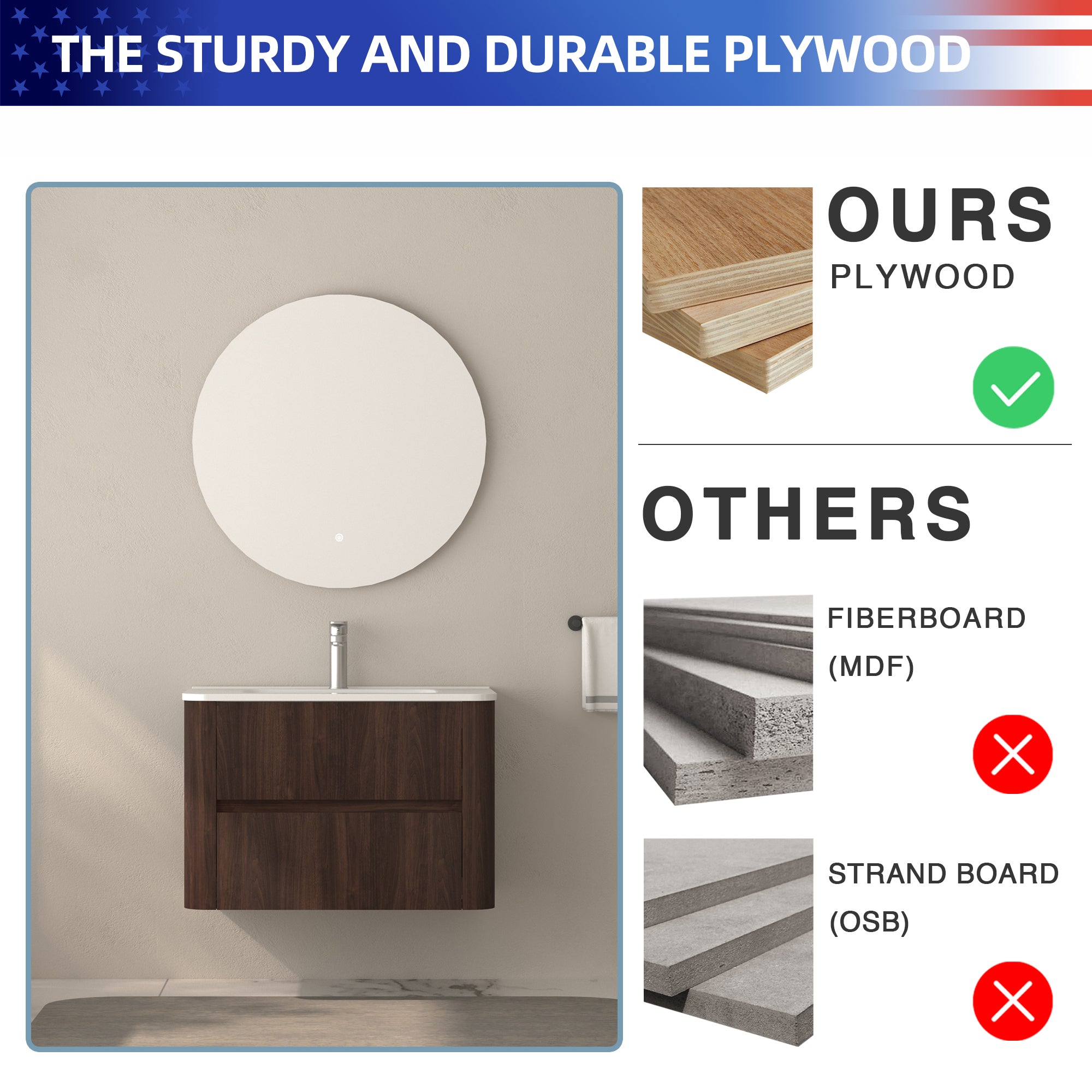 30" Wall Mounted Bathroom Vanity with Sink Floating Vanity Two Drawers Dark Walnut Bathroom Cabinet with White Ceramic Integrated Sink RX-V12-30AW