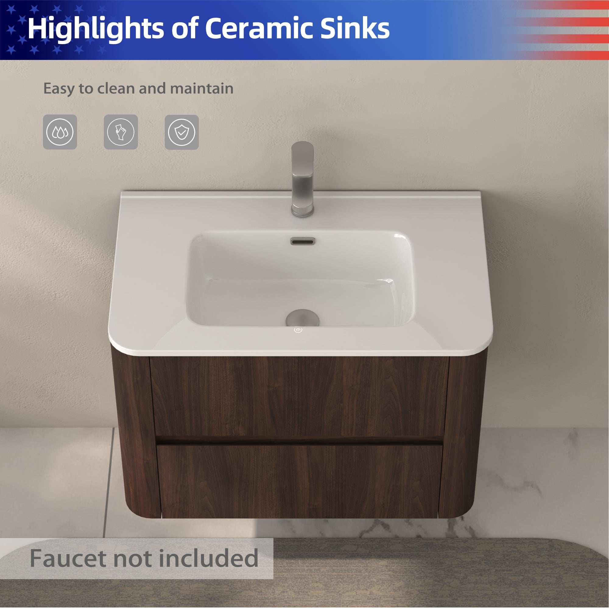 30" Wall Mounted Bathroom Vanity with Sink Floating Vanity Two Drawers Dark Walnut Bathroom Cabinet with White Ceramic Integrated Sink RX-V12-30AW