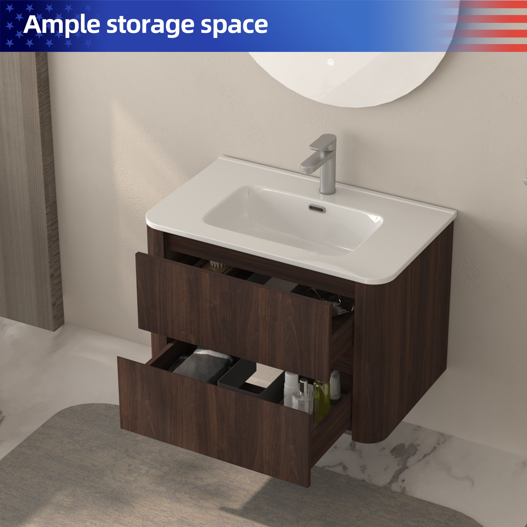 30" Wall Mounted Bathroom Vanity with Sink Floating Vanity Two Drawers Dark Walnut Bathroom Cabinet with White Ceramic Integrated Sink RX-V12-30AW