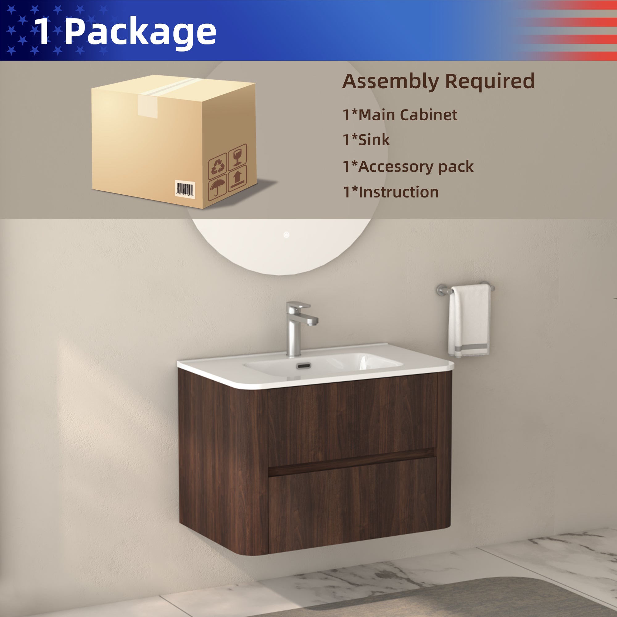 30" Wall Mounted Bathroom Vanity with Sink Floating Vanity Two Drawers Dark Walnut Bathroom Cabinet with White Ceramic Integrated Sink RX-V12-30AW