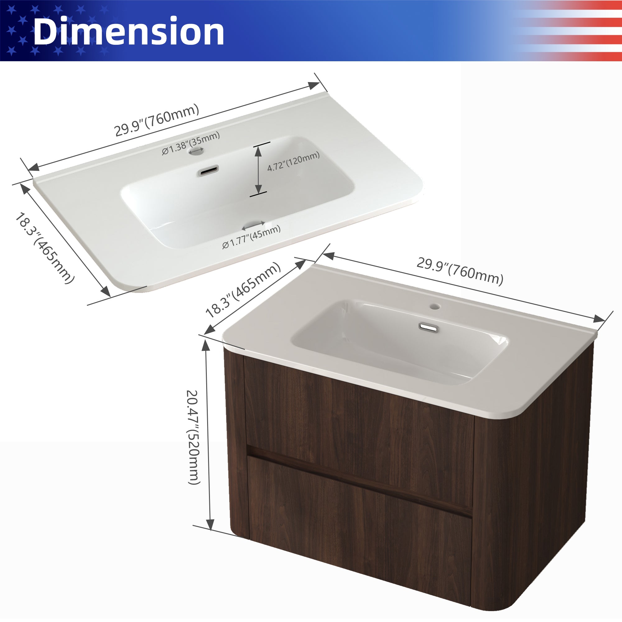 30" Wall Mounted Bathroom Vanity with Sink Floating Vanity Two Drawers Dark Walnut Bathroom Cabinet with White Ceramic Integrated Sink RX-V12-30AW