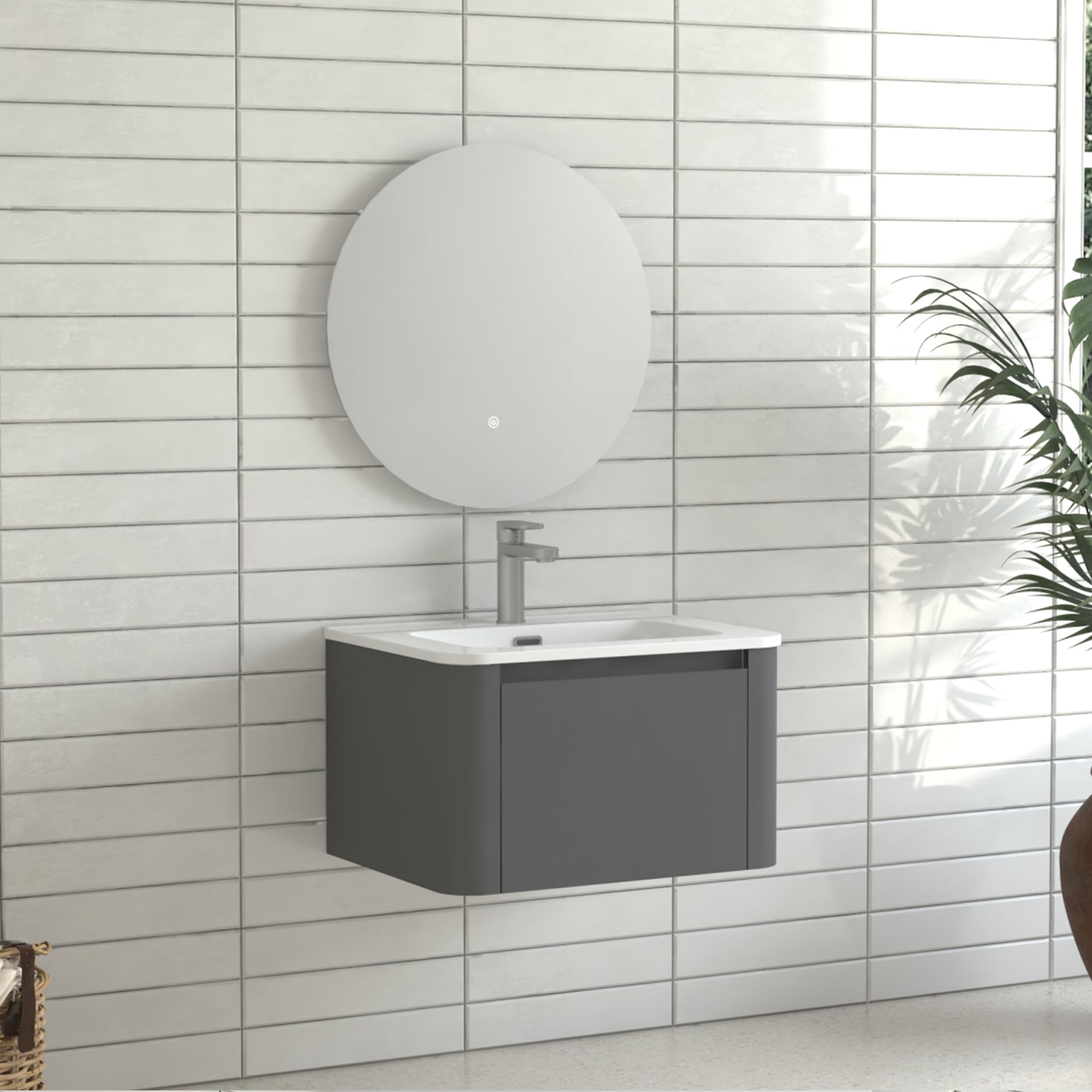 24" Grey Wall Mounted Bathroom Vanity with Basin Floating Vanity Drawer Bathroom Cabinet with White Ceramic Integrated Basin RX-V13-24GR