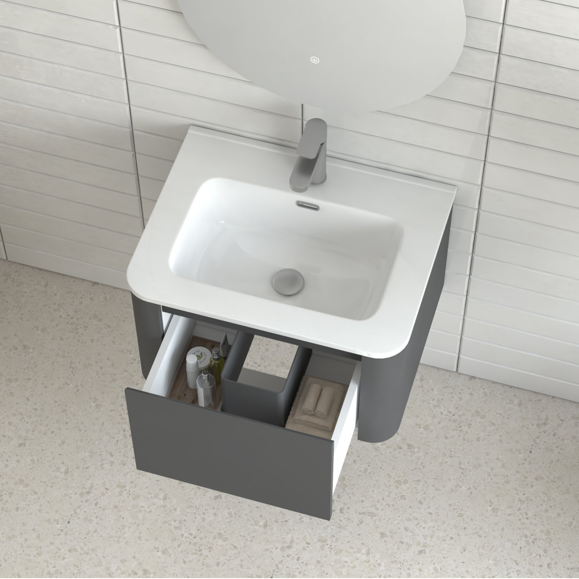 24" Grey Wall Mounted Bathroom Vanity with Basin Floating Vanity Drawer Bathroom Cabinet with White Ceramic Integrated Basin RX-V13-24GR