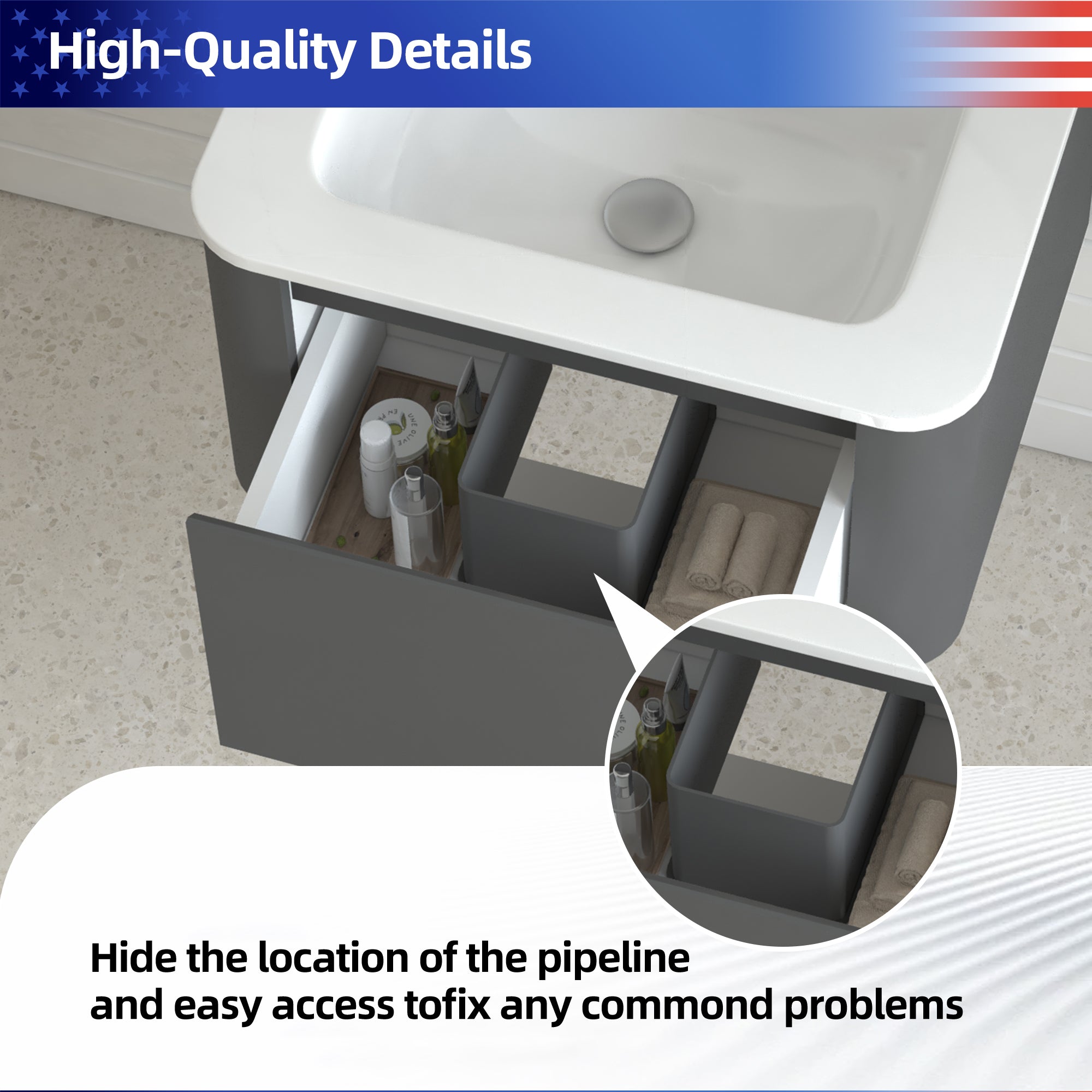 24" Grey Wall Mounted Bathroom Vanity with Basin Floating Vanity Drawer Bathroom Cabinet with White Ceramic Integrated Basin RX-V13-24GR
