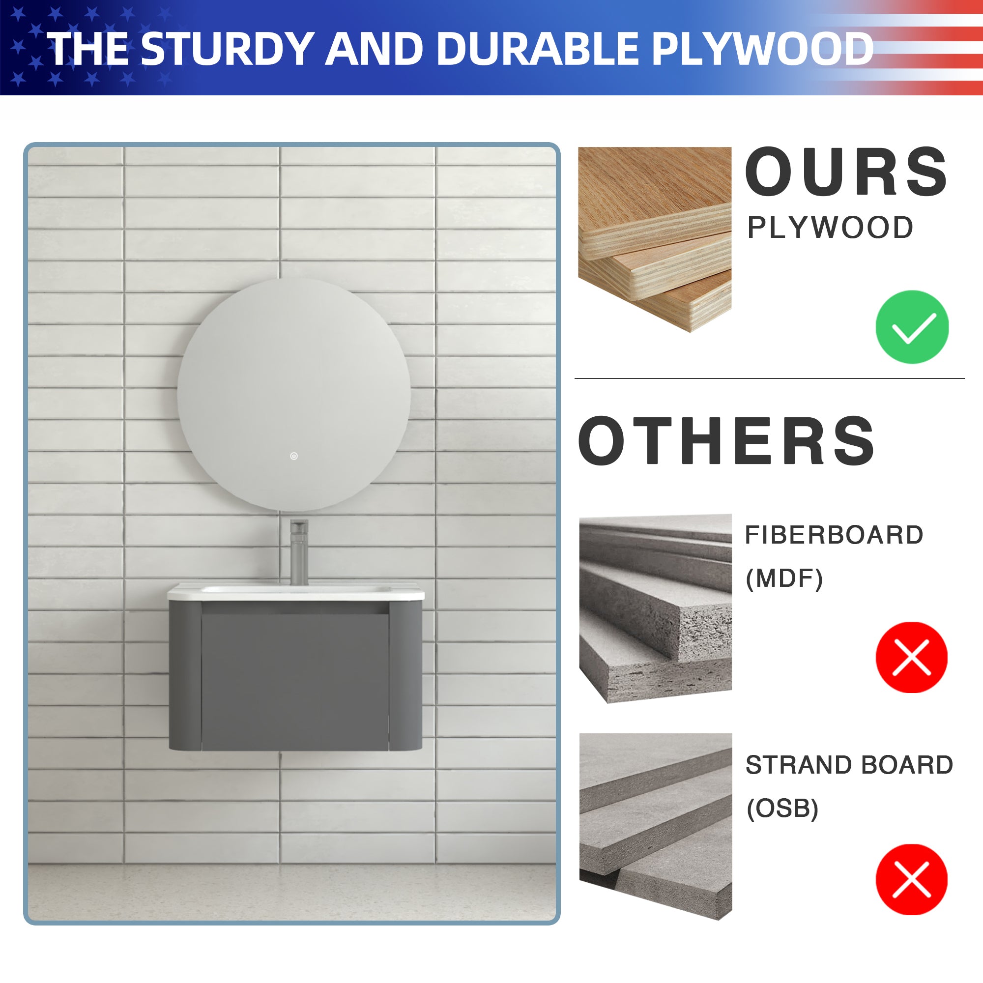 24" Grey Wall Mounted Bathroom Vanity with Basin Floating Vanity Drawer Bathroom Cabinet with White Ceramic Integrated Basin RX-V13-24GR