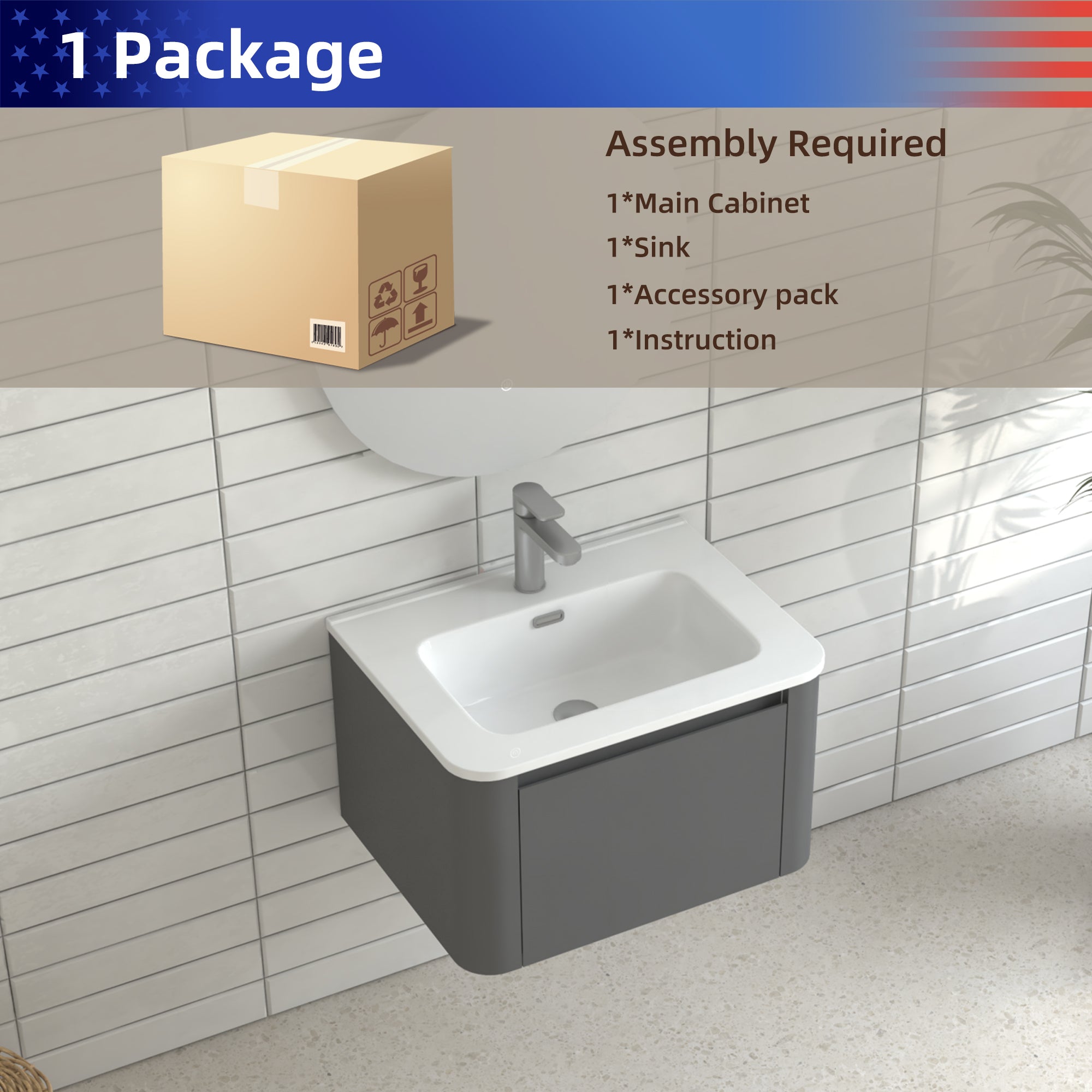 24" Grey Wall Mounted Bathroom Vanity with Basin Floating Vanity Drawer Bathroom Cabinet with White Ceramic Integrated Basin RX-V13-24GR