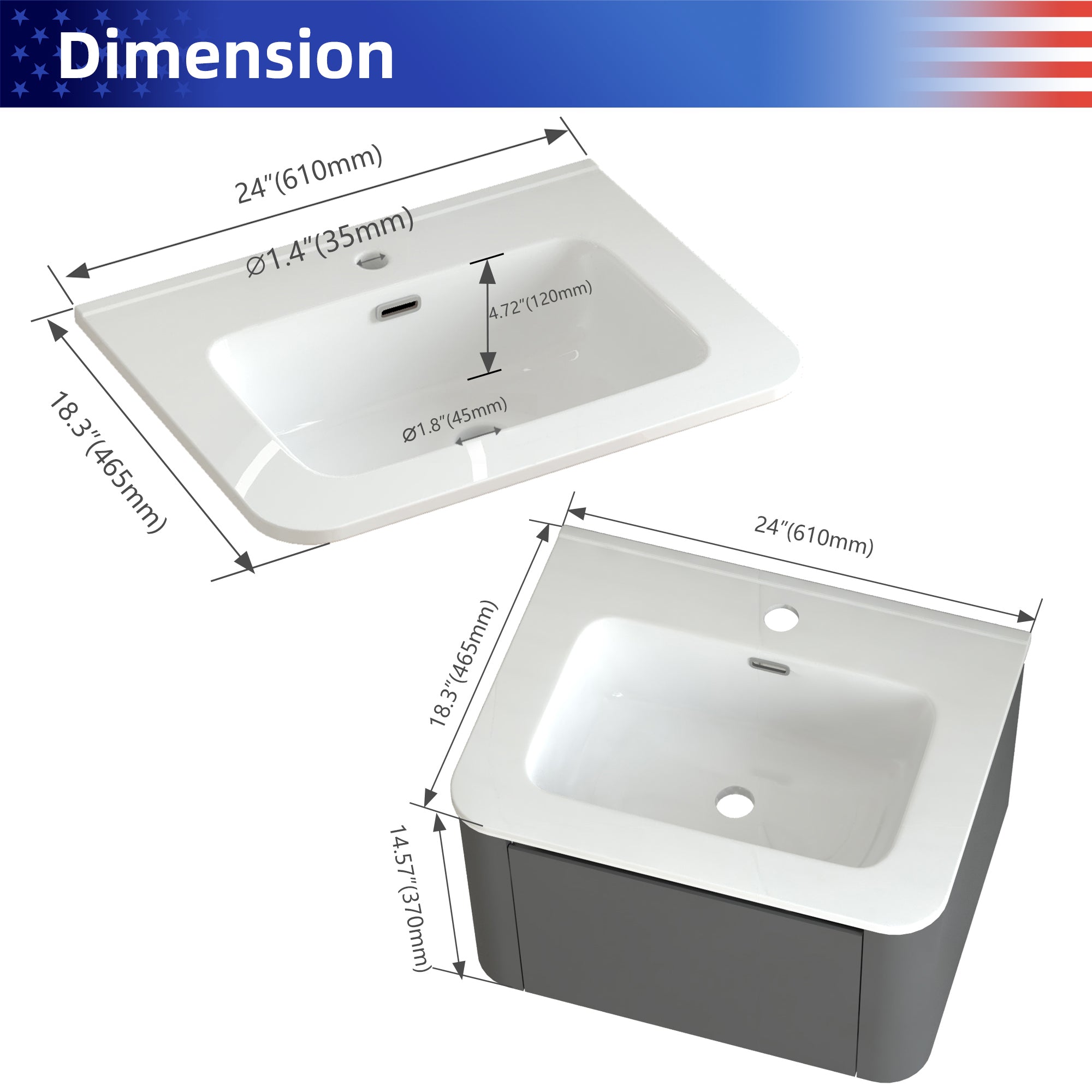 24" Grey Wall Mounted Bathroom Vanity with Basin Floating Vanity Drawer Bathroom Cabinet with White Ceramic Integrated Basin RX-V13-24GR