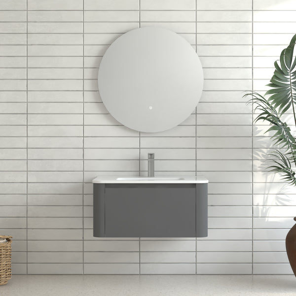 30" Grey Wall Mounted Bathroom Vanity with Basin Floating Vanity Drawer Bathroom Cabinet with White Ceramic Integrated Basin RX-V13-30GR