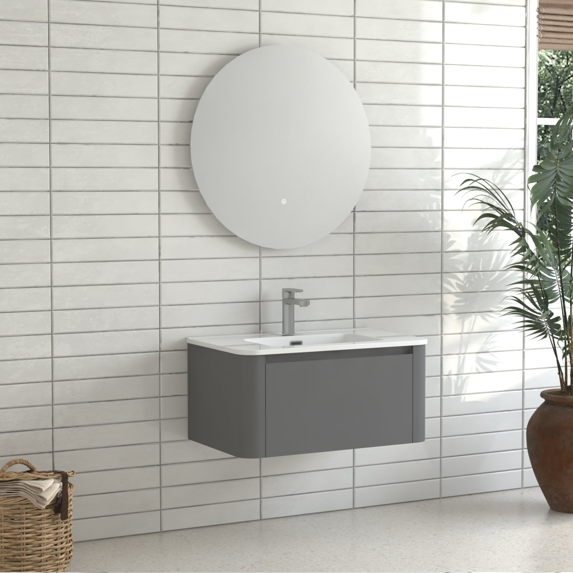 30" Grey Wall Mounted Bathroom Vanity with Basin Floating Vanity Drawer Bathroom Cabinet with White Ceramic Integrated Basin RX-V13-30GR