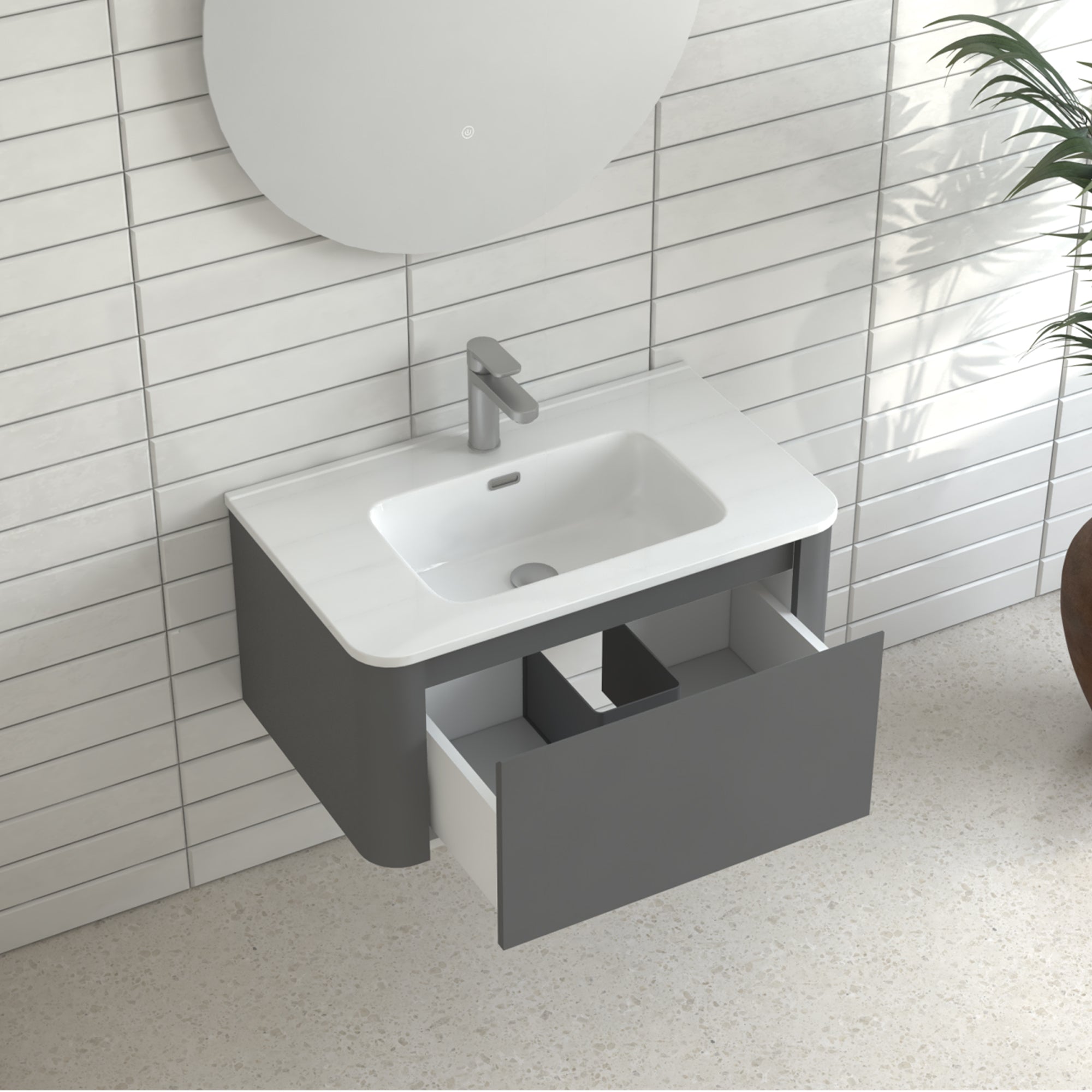 30" Grey Wall Mounted Bathroom Vanity with Basin Floating Vanity Drawer Bathroom Cabinet with White Ceramic Integrated Basin RX-V13-30GR