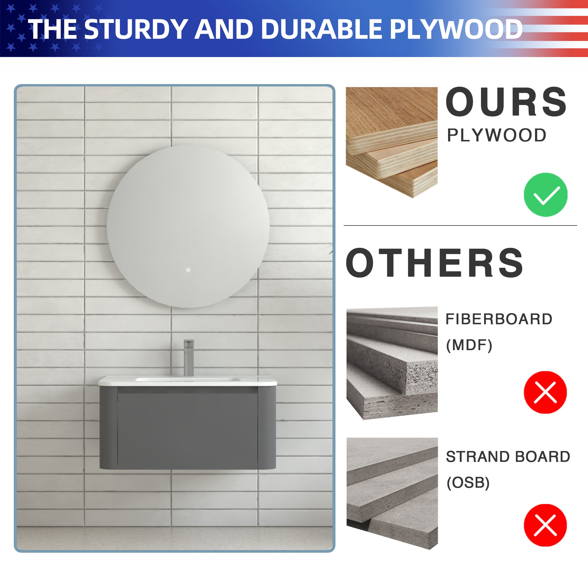 30" Grey Wall Mounted Bathroom Vanity with Basin Floating Vanity Drawer Bathroom Cabinet with White Ceramic Integrated Basin RX-V13-30GR