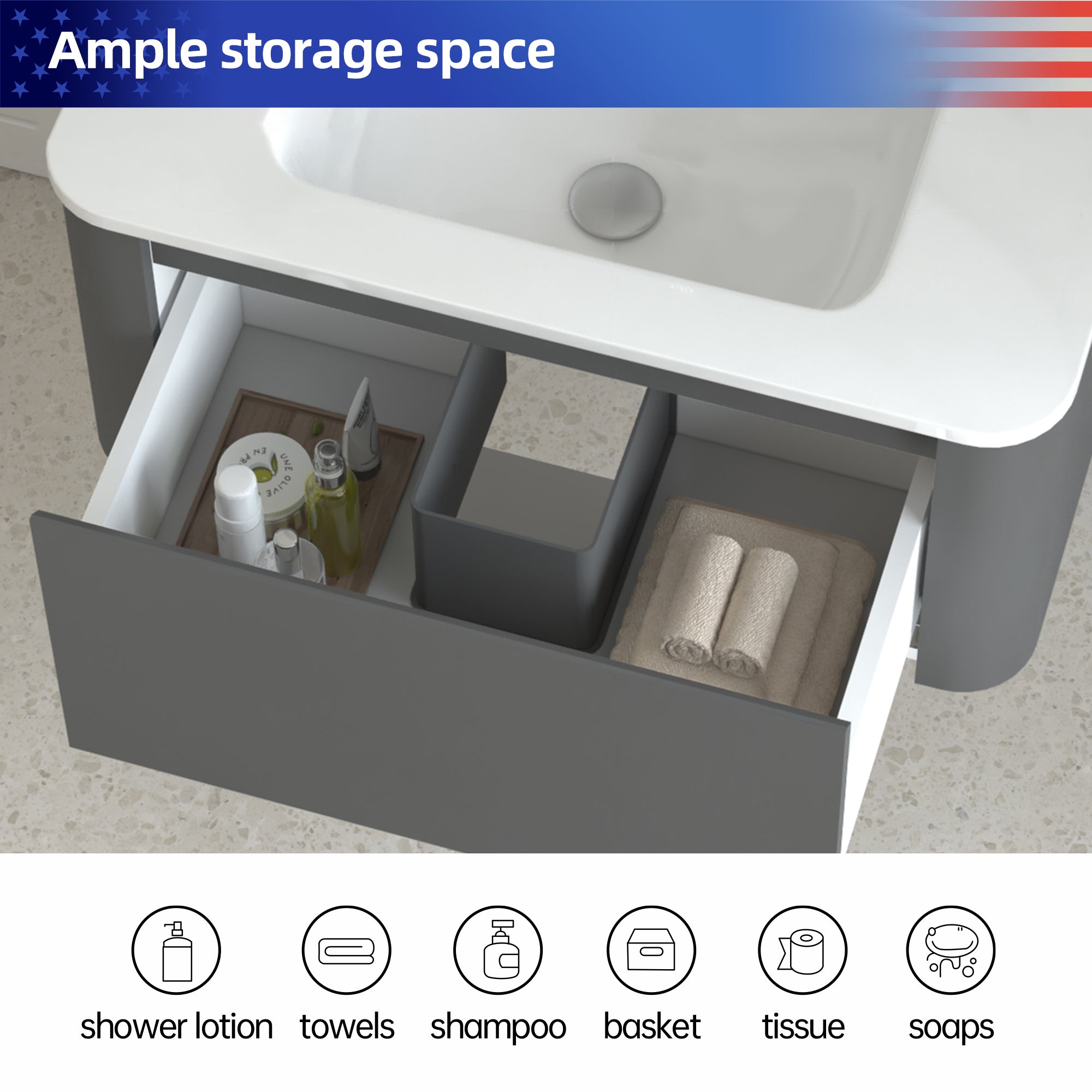 30" Grey Wall Mounted Bathroom Vanity with Basin Floating Vanity Drawer Bathroom Cabinet with White Ceramic Integrated Basin RX-V13-30GR