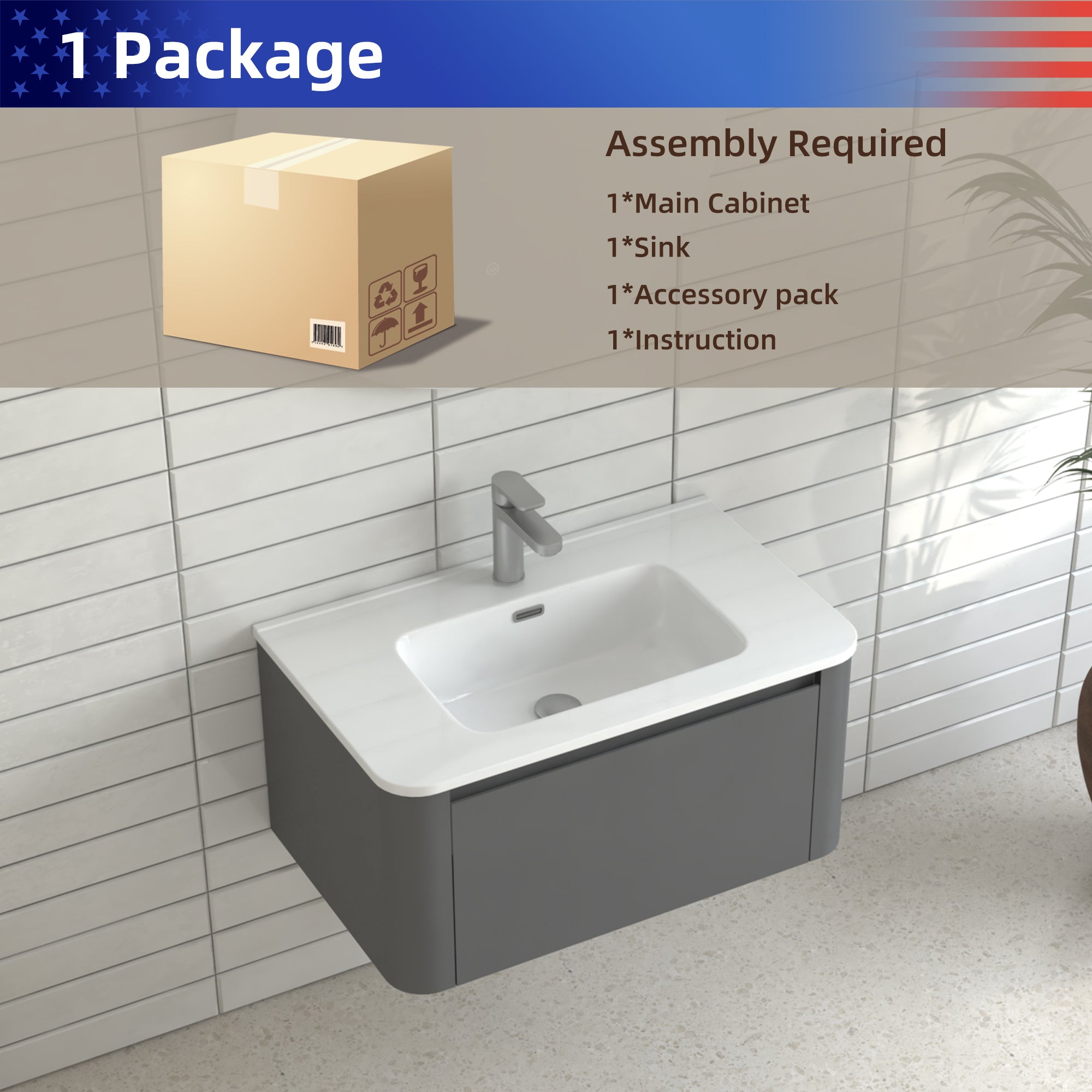 30" Grey Wall Mounted Bathroom Vanity with Basin Floating Vanity Drawer Bathroom Cabinet with White Ceramic Integrated Basin RX-V13-30GR