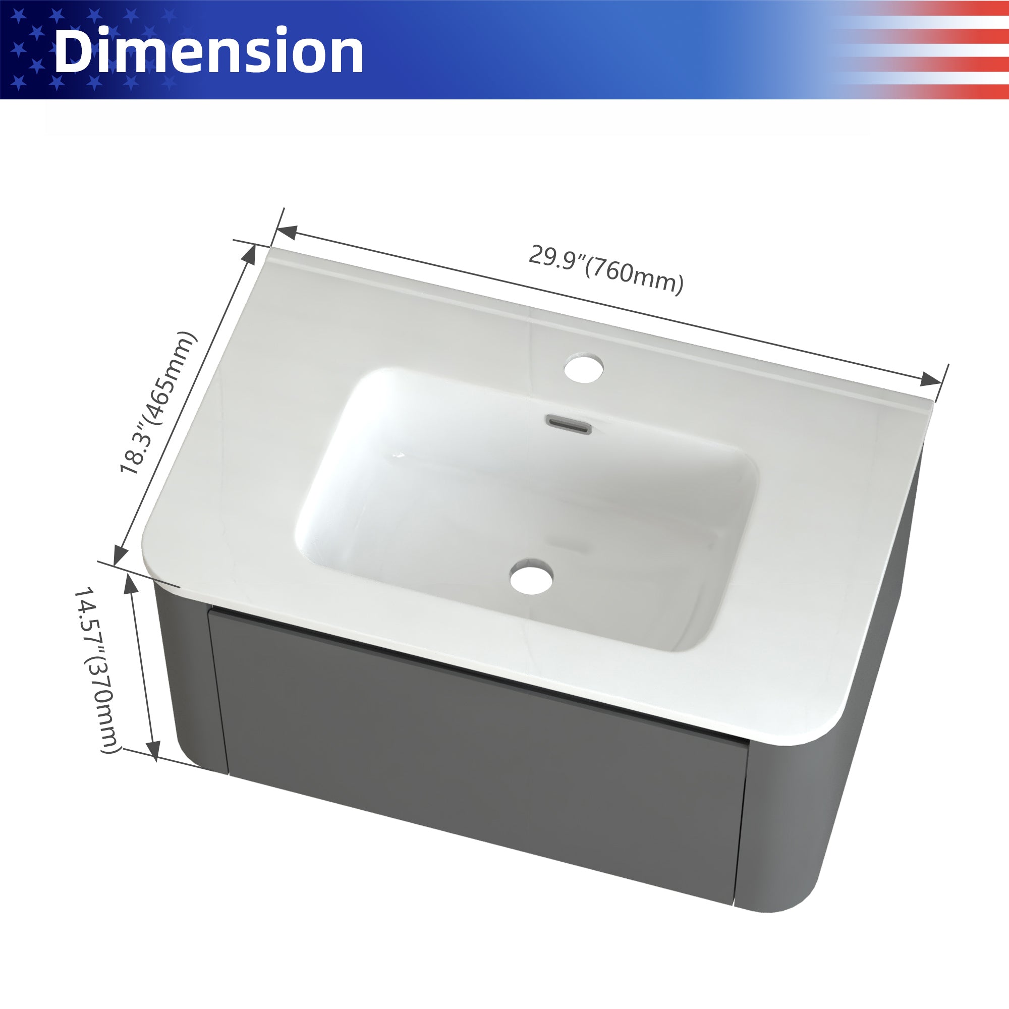 30" Grey Wall Mounted Bathroom Vanity with Basin Floating Vanity Drawer Bathroom Cabinet with White Ceramic Integrated Basin RX-V13-30GR