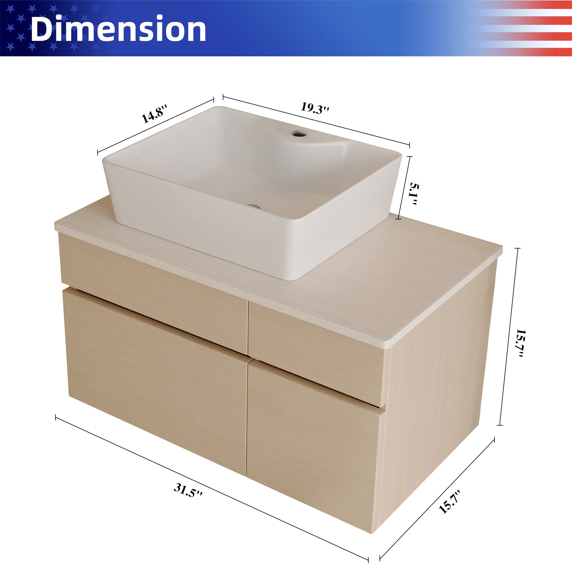 31.5" Floating Bathroom Vanity with Ceramic Vessel Sink