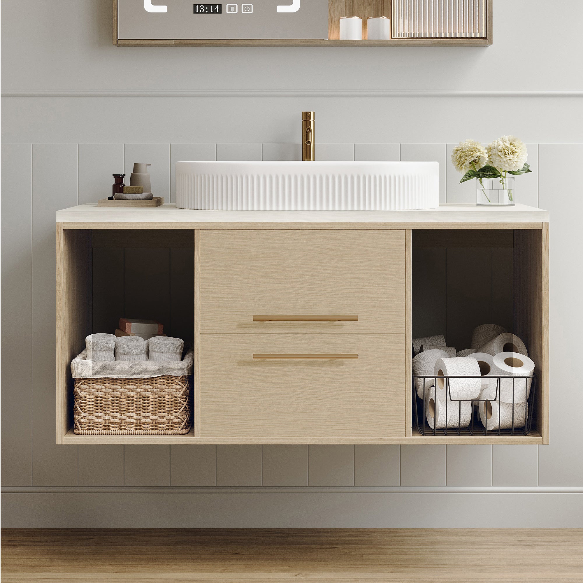 39.3" Wall-Mount Floating Bathroom Vanity with Oval Ceramic Sink