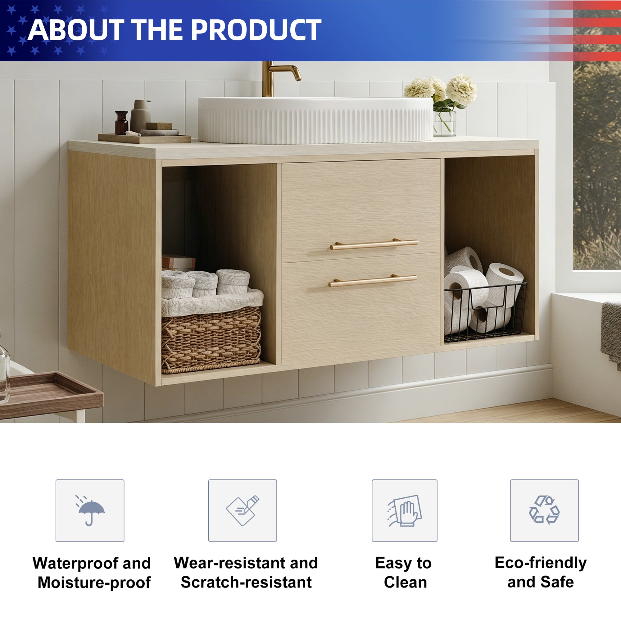 39.3" Wall-Mount Floating Bathroom Vanity with Oval Ceramic Sink