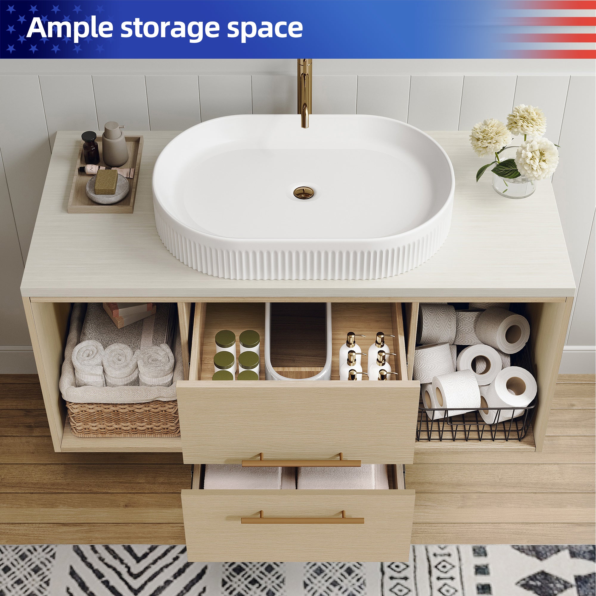 39.3" Wall-Mount Floating Bathroom Vanity with Oval Ceramic Sink