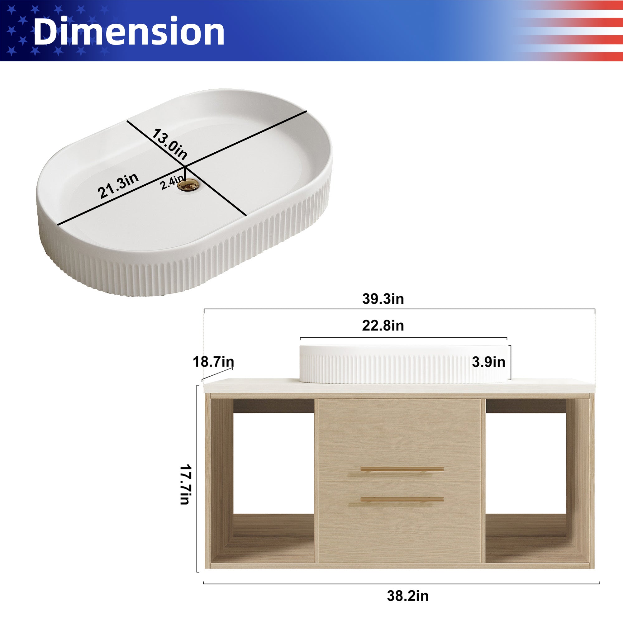 39.3" Wall-Mount Floating Bathroom Vanity with Oval Ceramic Sink