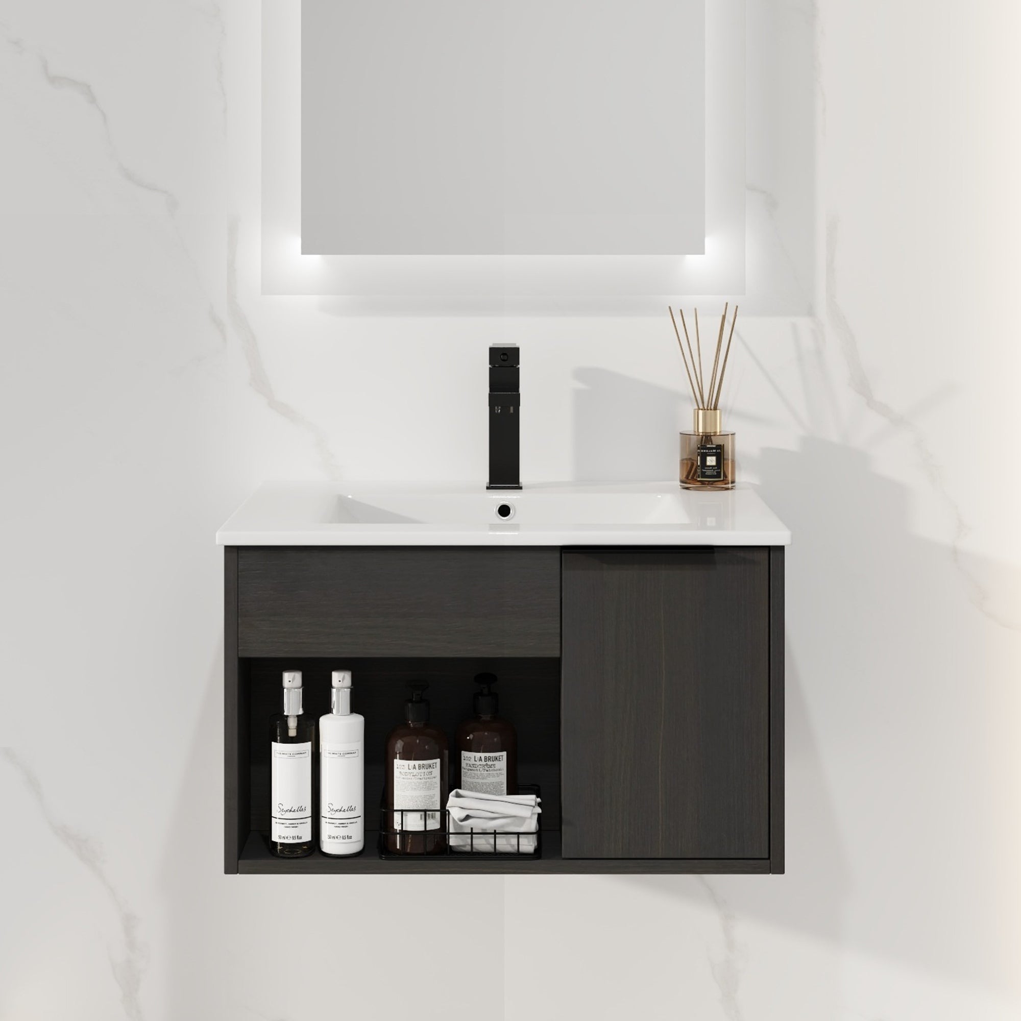 24" Wall-Mount Floating Bathroom Vanity with Integrated Ceramic Sink, Dark Oak (H)