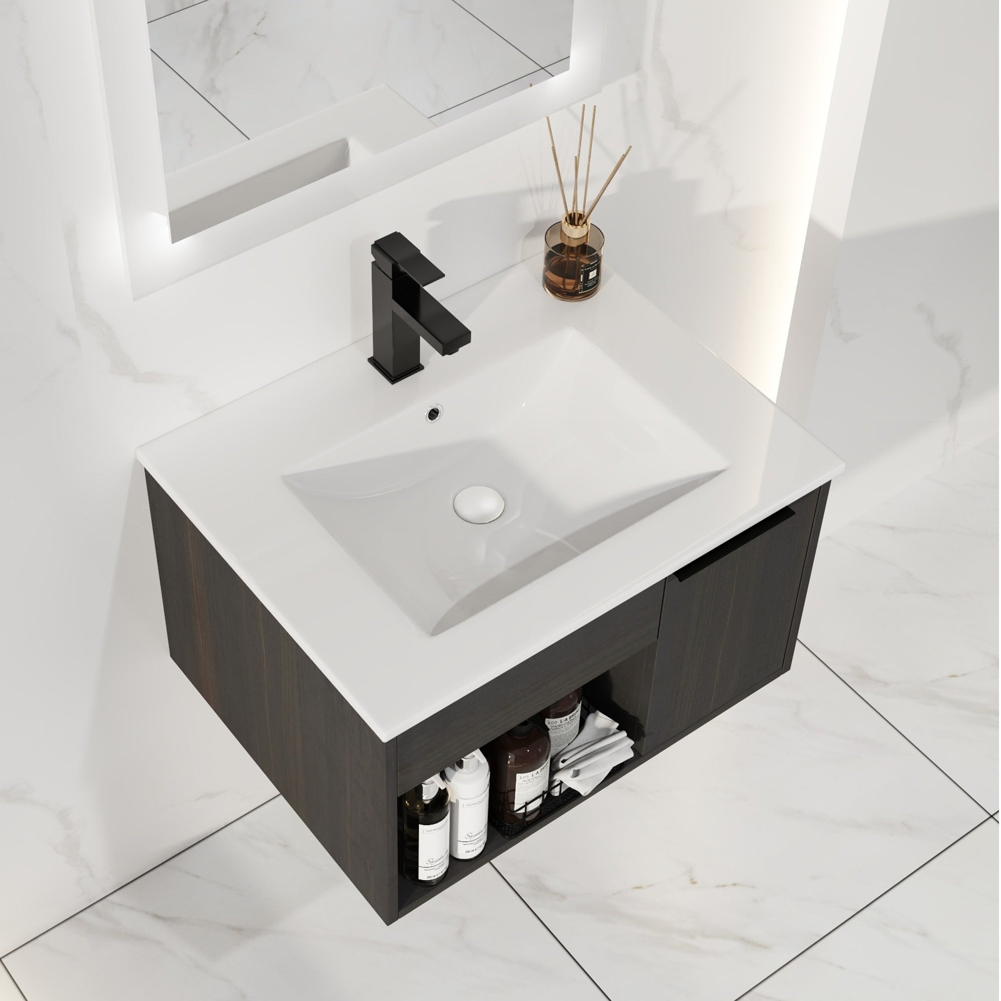 24" Wall-Mount Floating Bathroom Vanity with Integrated Ceramic Sink, Dark Oak (H)