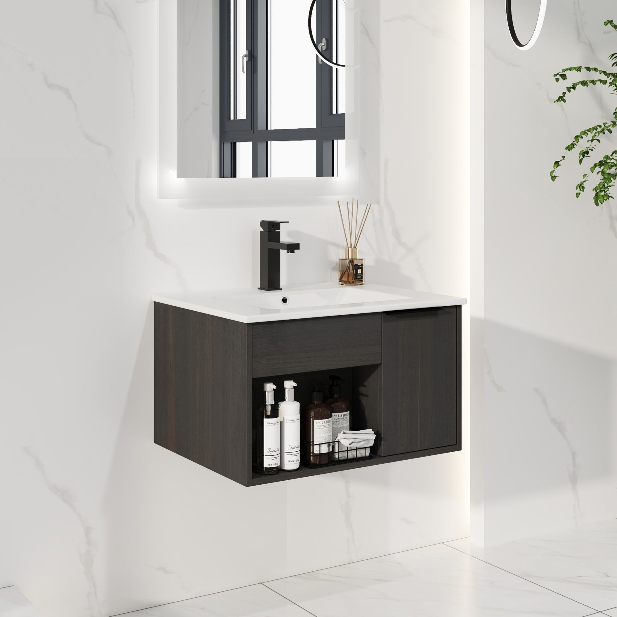 24" Wall-Mount Floating Bathroom Vanity with Integrated Ceramic Sink, Dark Oak (H)