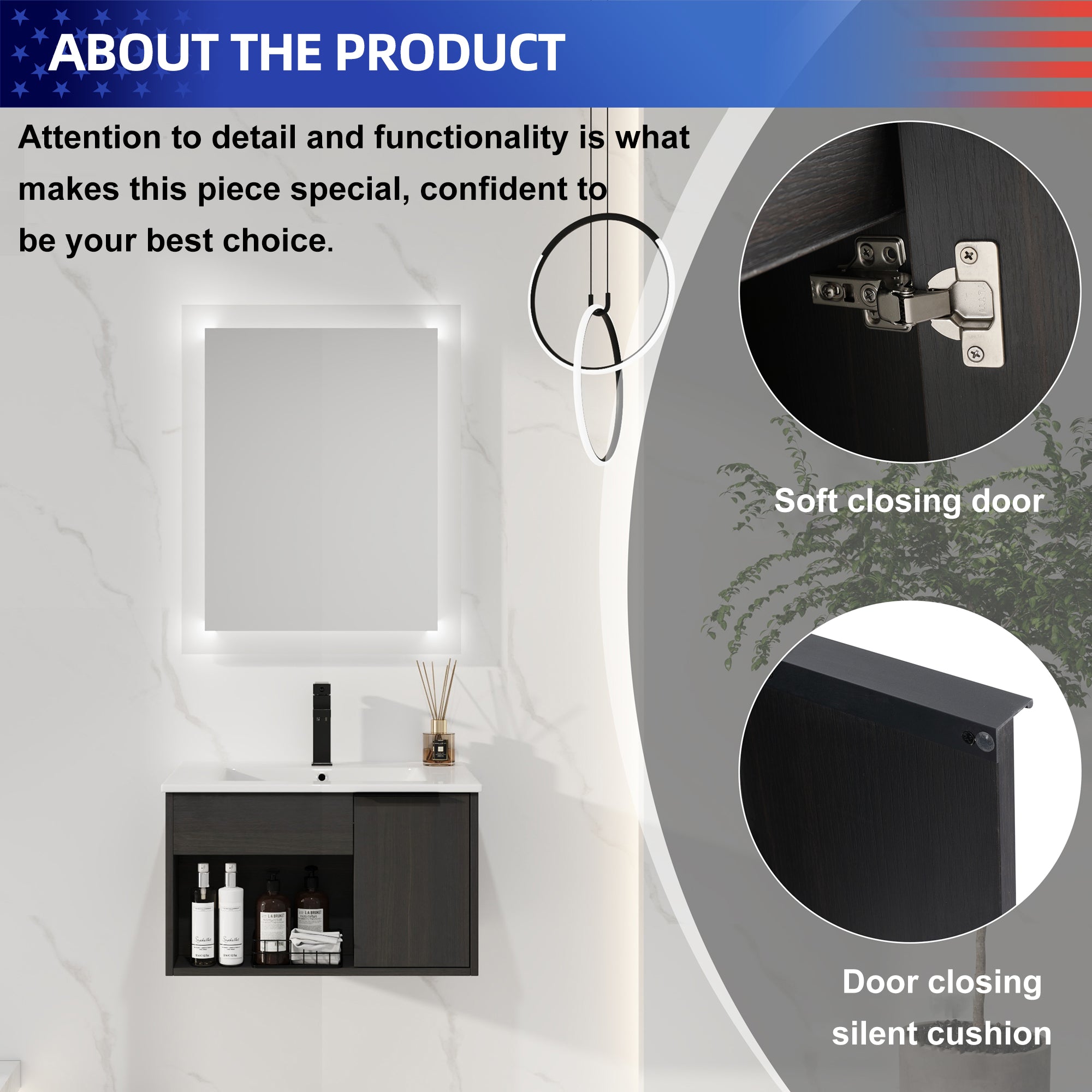 24" Wall-Mount Floating Bathroom Vanity with Integrated Ceramic Sink, Dark Oak (H)