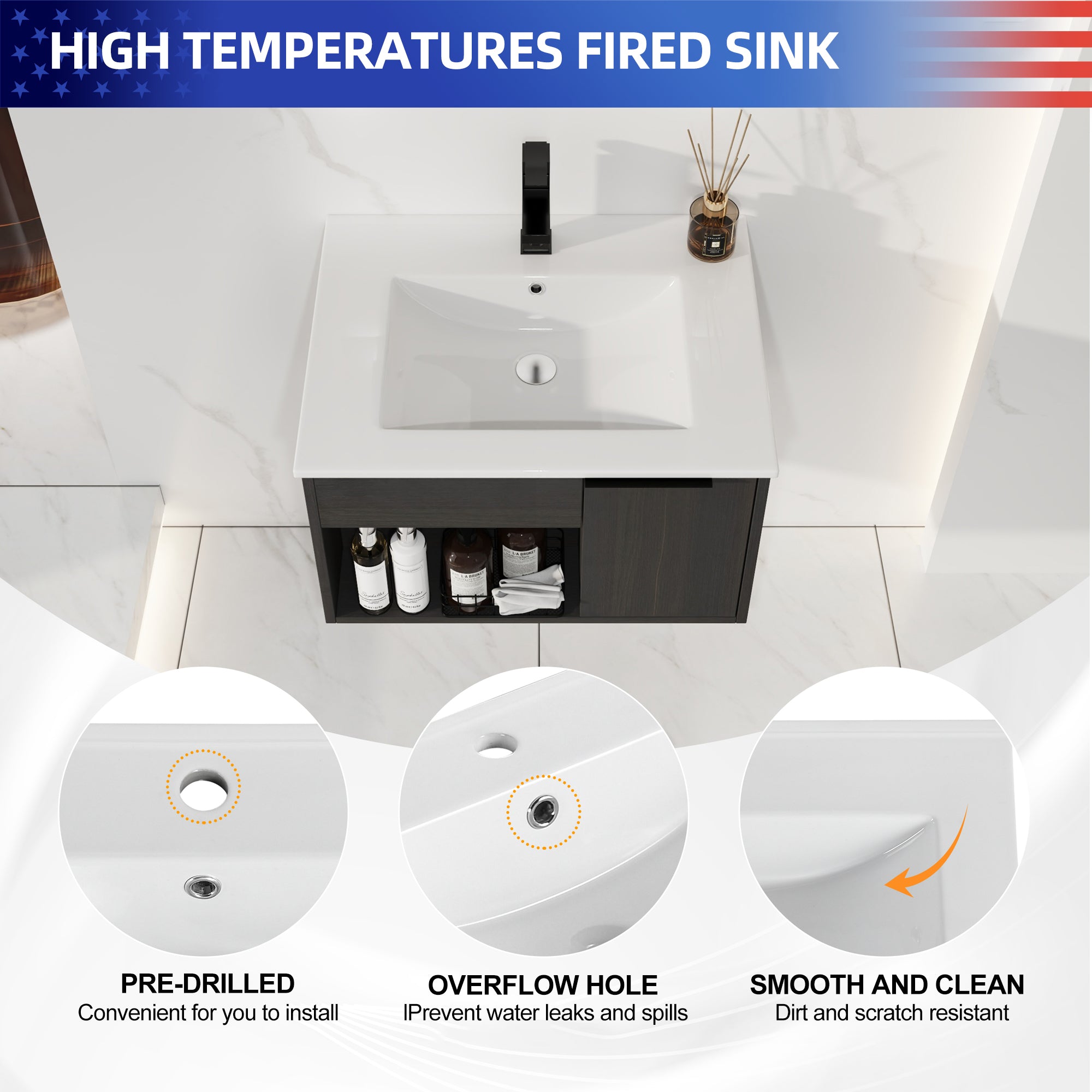 24" Wall-Mount Floating Bathroom Vanity with Integrated Ceramic Sink, Dark Oak (H)