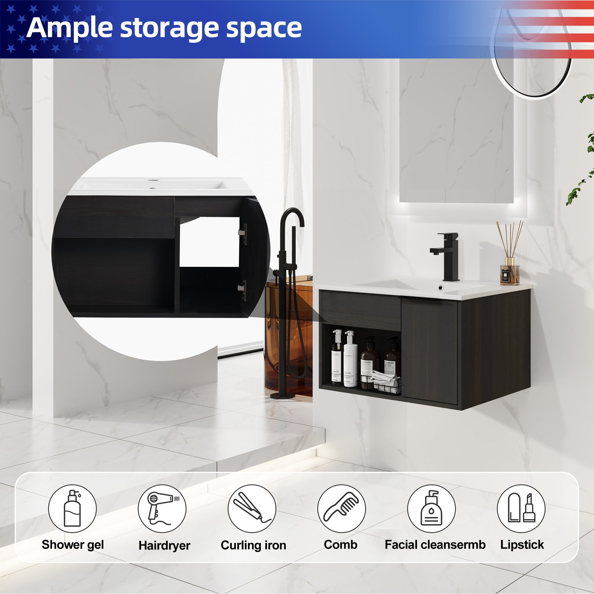 24" Wall-Mount Floating Bathroom Vanity with Integrated Ceramic Sink, Dark Oak (H)