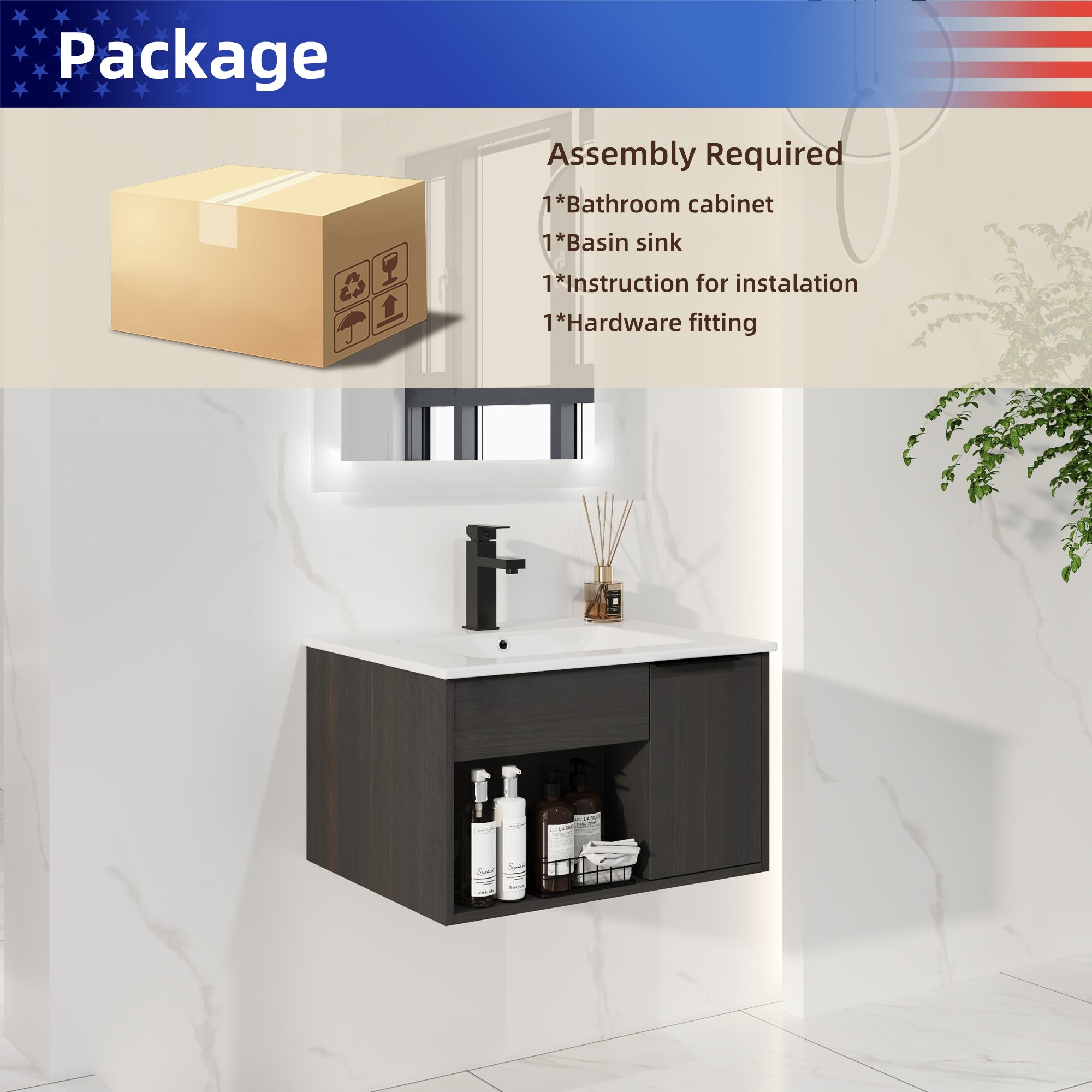 24" Wall-Mount Floating Bathroom Vanity with Integrated Ceramic Sink, Dark Oak (H)