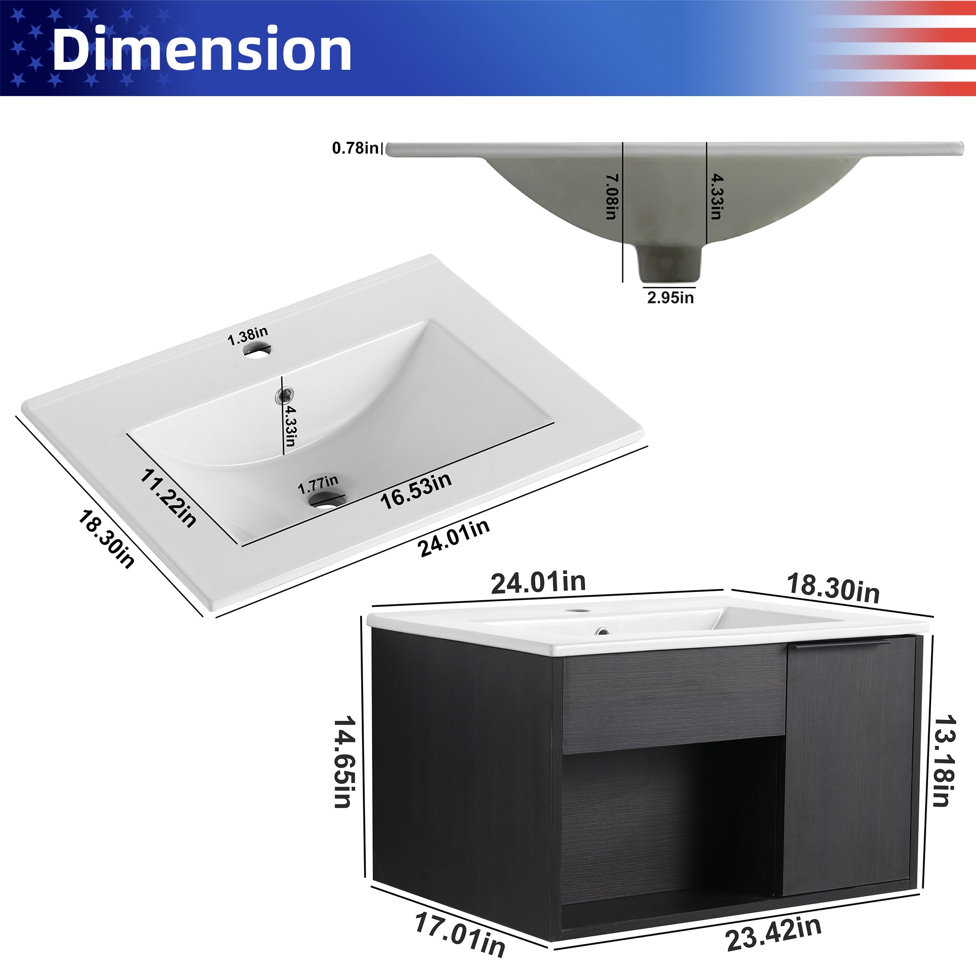 24" Wall-Mount Floating Bathroom Vanity with Integrated Ceramic Sink, Dark Oak (H)