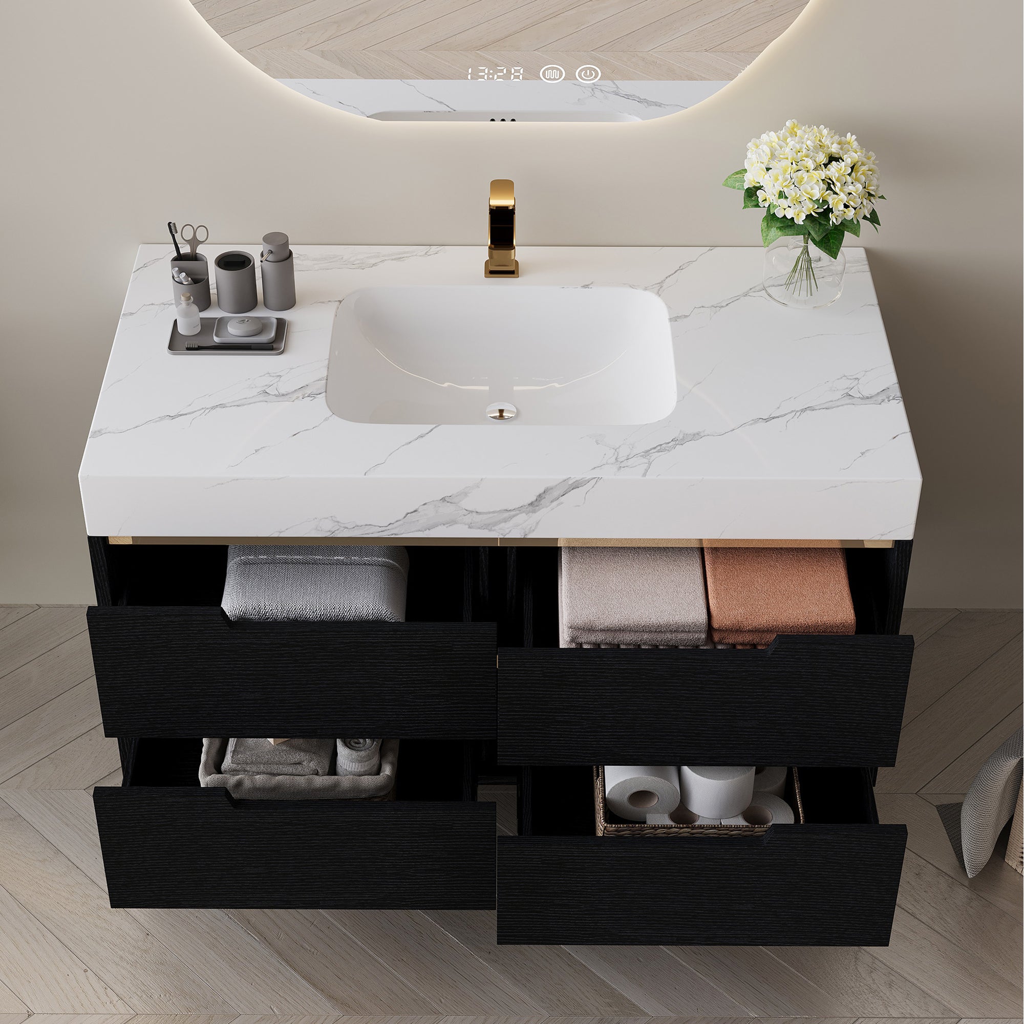 35.4" Freestanding/Wall-Mount Bathroom Vanity with Sintered Stone Top