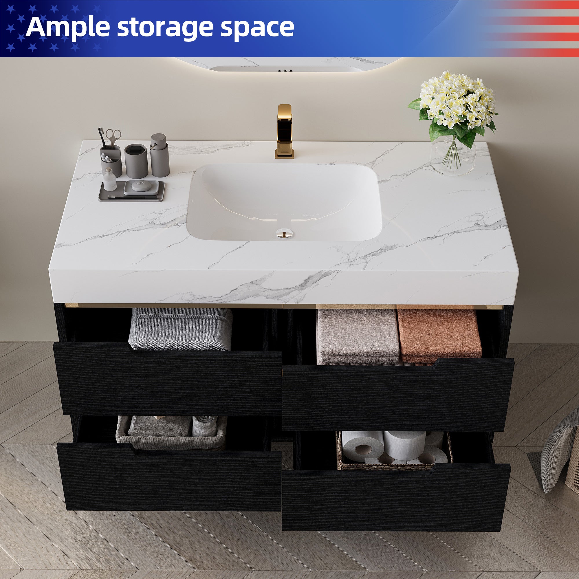 35.4" Freestanding/Wall-Mount Bathroom Vanity with Sintered Stone Top