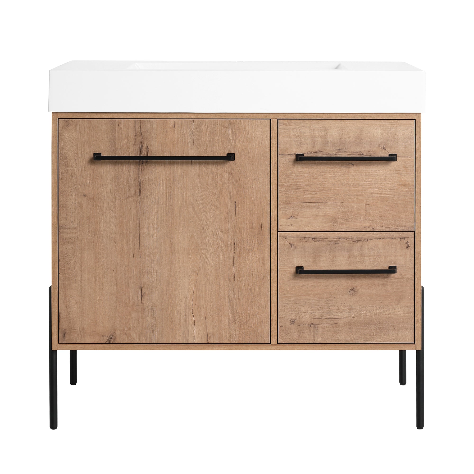 36" Freestanding Bathroom Vanity with White Resin Sink, 2 Drawers, Soft-Close