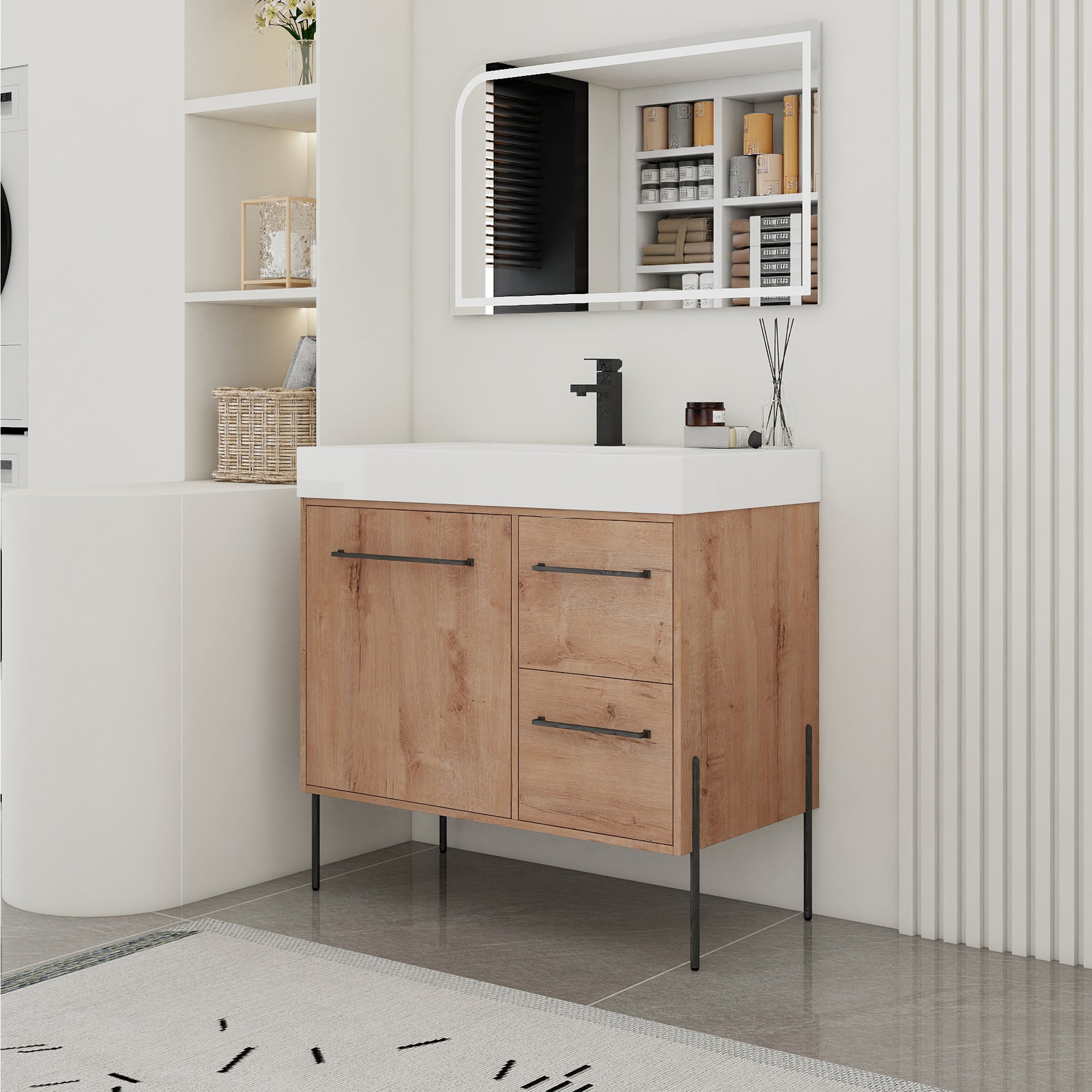 36" Freestanding Bathroom Vanity with White Resin Sink, 2 Drawers, Soft-Close