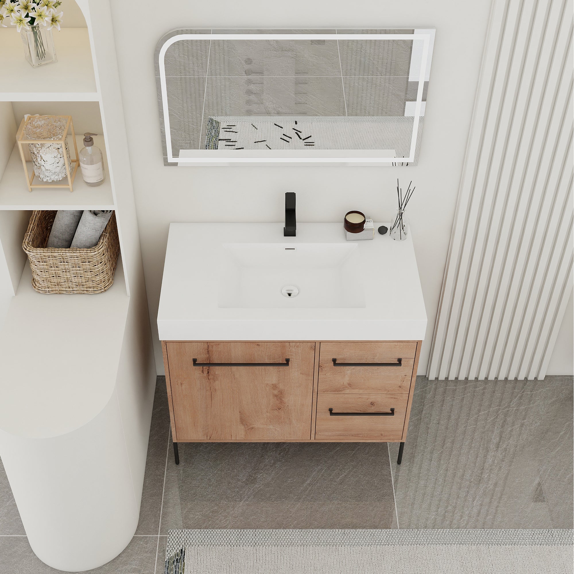 36" Freestanding Bathroom Vanity with White Resin Sink, 2 Drawers, Soft-Close