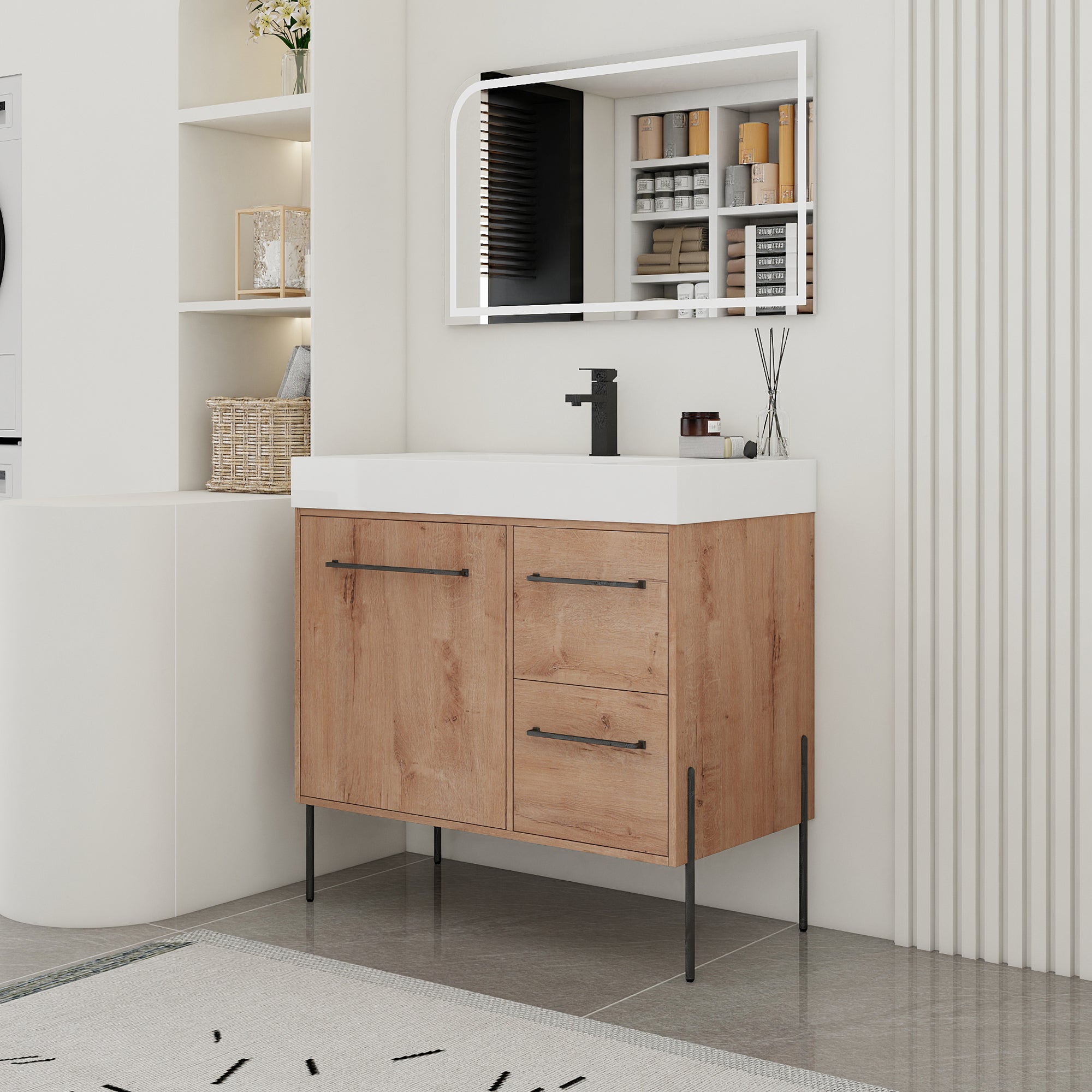 36" Freestanding Bathroom Vanity with White Resin Sink, 2 Drawers, Soft-Close