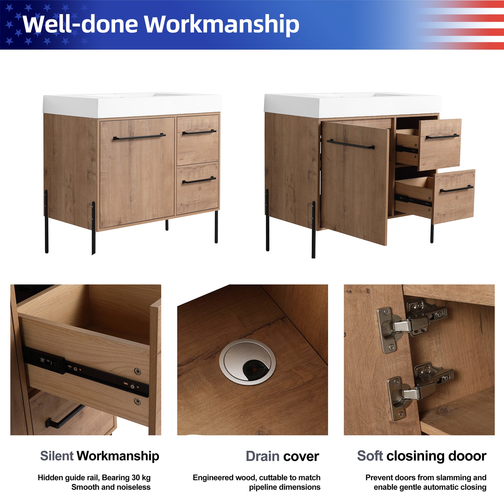 36" Freestanding Bathroom Vanity with White Resin Sink, 2 Drawers, Soft-Close